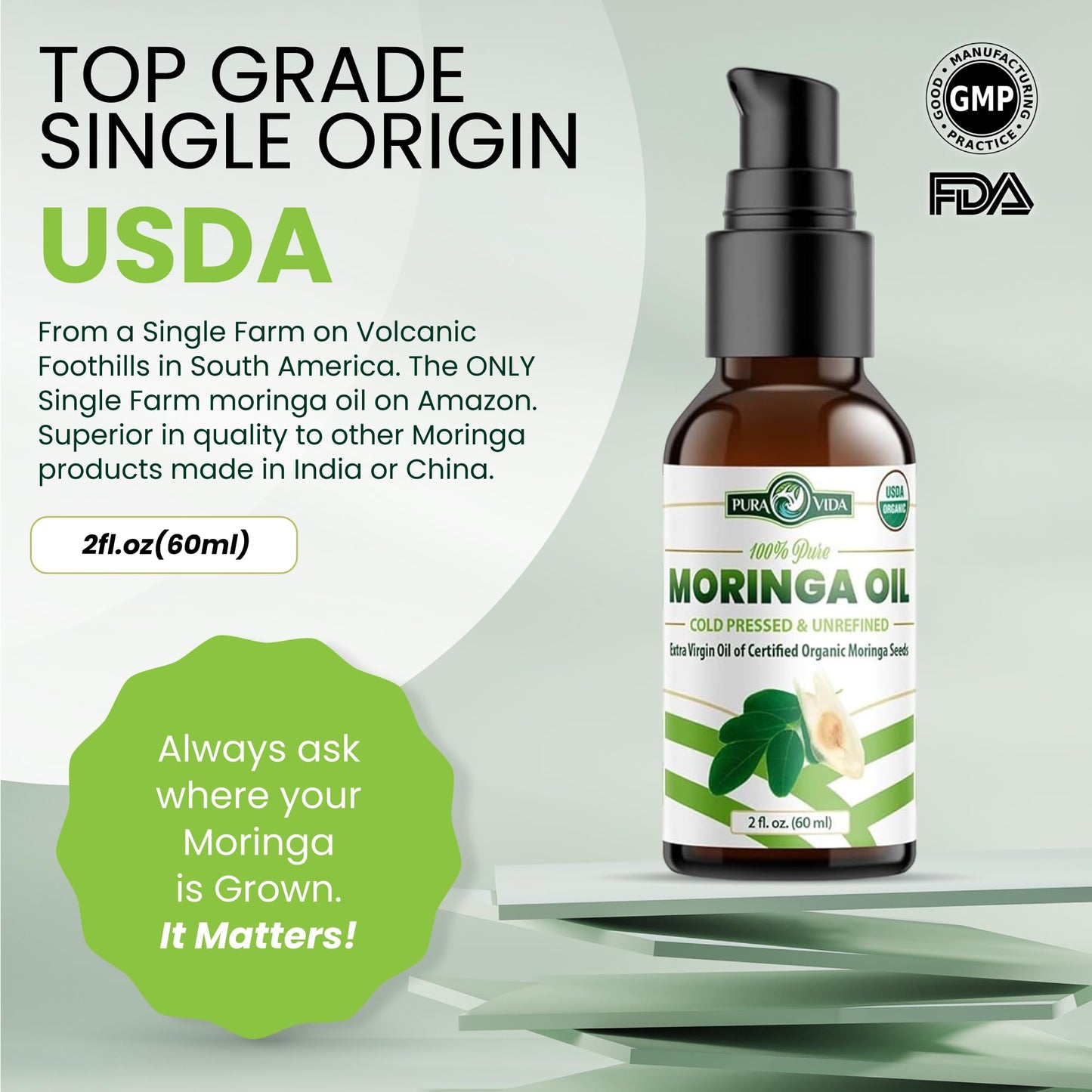 100% Pure Moringa Oil Organic for Face, Hair, Nails and Dry Skin - USDA Certified Single Origin Moringa Oleifera Seeds Extract - 3rd Party Tested, Cold Pressed & Unrefined Organic Moringa Seed Oil