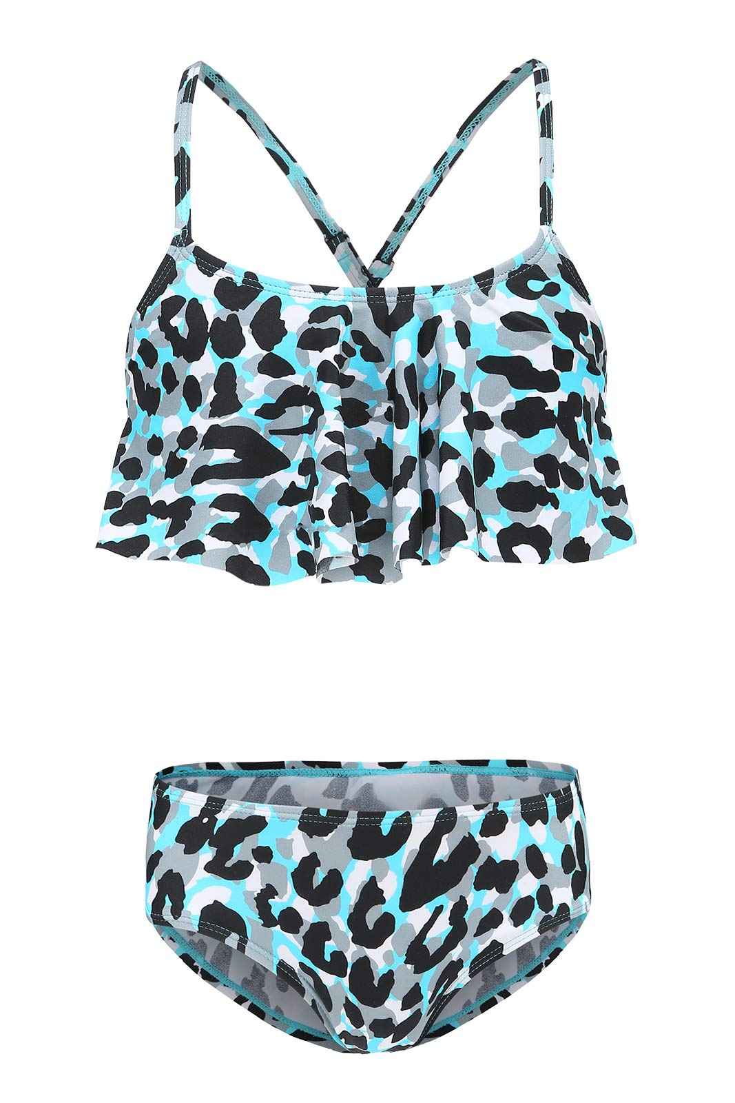 Girls Two Piece Swimsuits Bikini Bathing Suit Hawaiian Ruffle Swimwear Set for Kids Blue Leopard Size 12/10-12