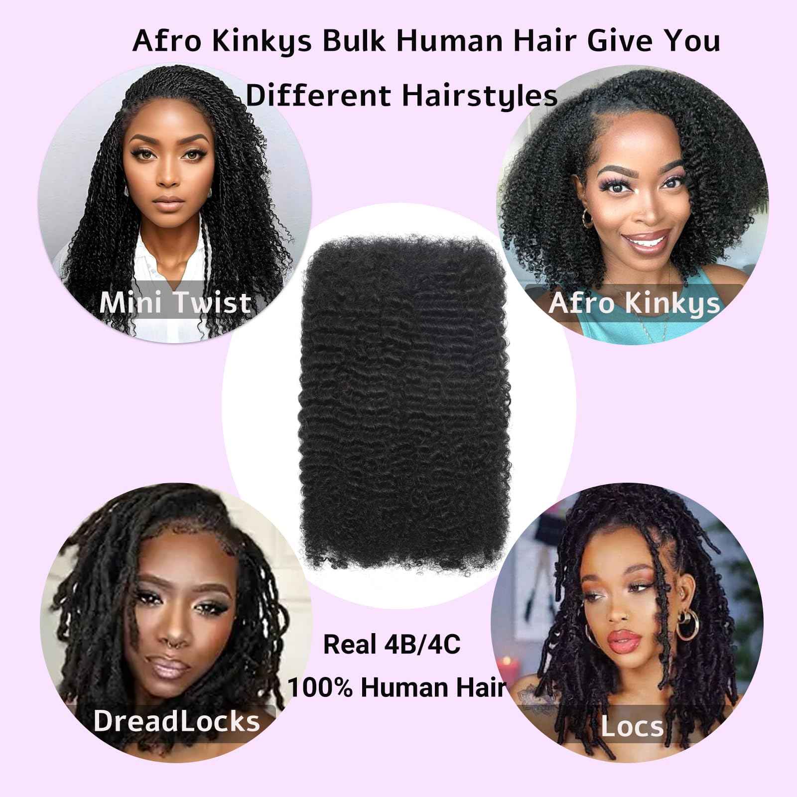 Afro Kinkys Bulk Human Hair For Braiding, 50 Gram Afro Kinky-Curly Human Hair Bundles For Mini Twists Braids Dreadlock Extensions Locs Repair Can Dye And Bleach (1B, 16 Inch (Pack of 1))