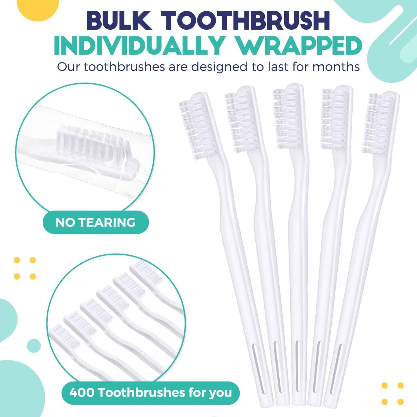 Yetene 400 Pack Individually Wrapped Disposable Toothbrush Bulk Hard Bristle Adult Manual Tooth Brush Travel Toothbrushes Single Use Toothbrush for Homeless Women Men Hotels Guest Rooms, White