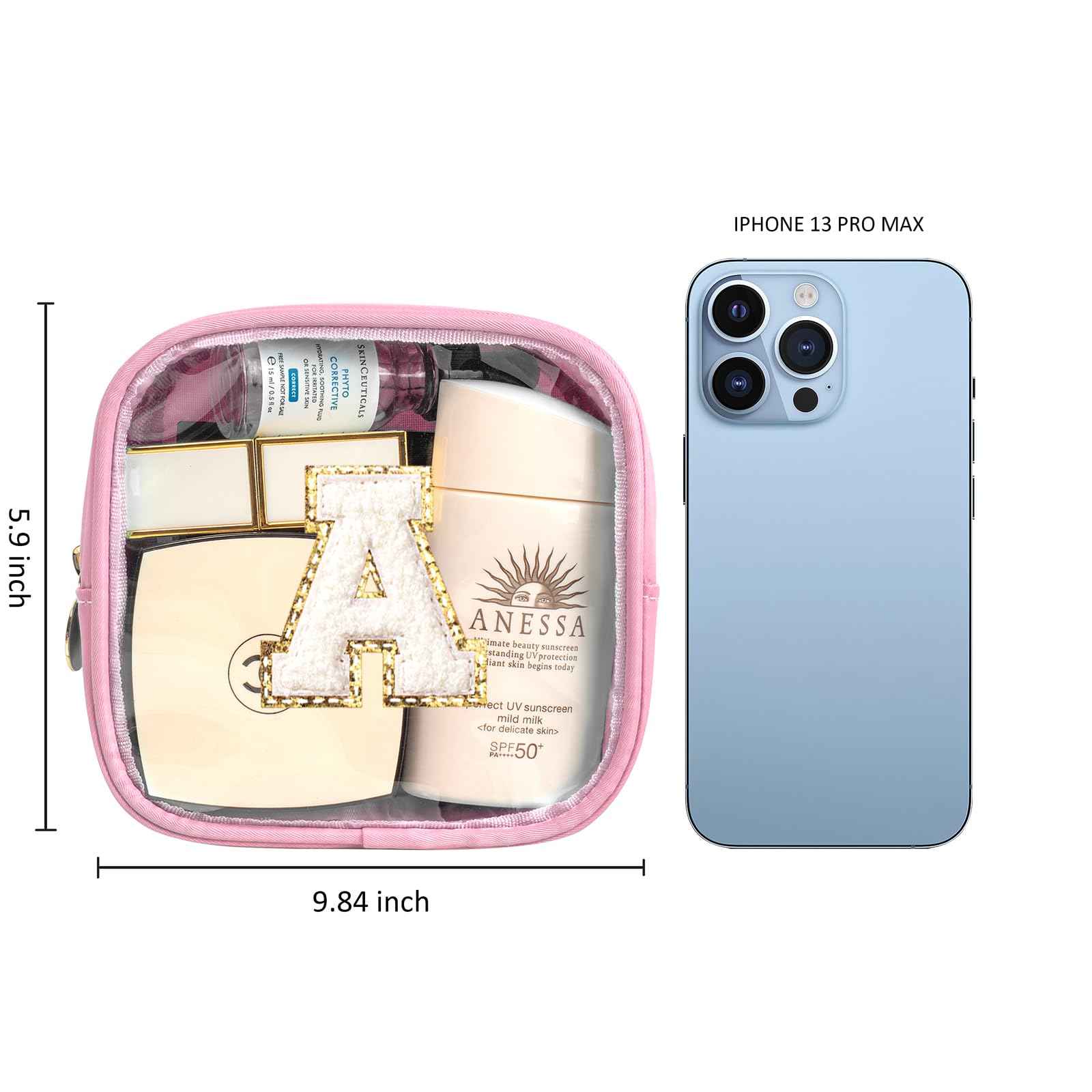 Initial Mini Makeup Bag | Make Up Bag Travel Toiletry Bag | Clear Makeup Bag | Preppy Cosmetic Bags Organizer Travel Essentials Gifts for Women Girlfriend Teacher Brithday Gifts Pink (Pink, A)