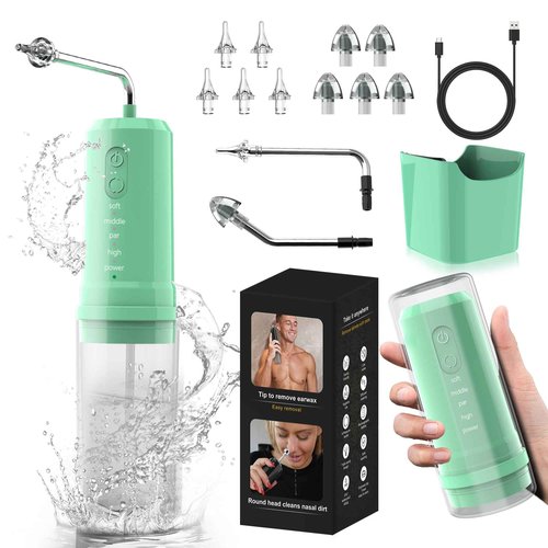 Ear Wax Removal, 2 in 1 Electric Ear Cleaning Kit with 4 Pressure Modes, Portable Water Powered Ear Cleaner with Basin and Nasal Nozzles, Ear Irrigation Flushing System for Adults and Kids, Green