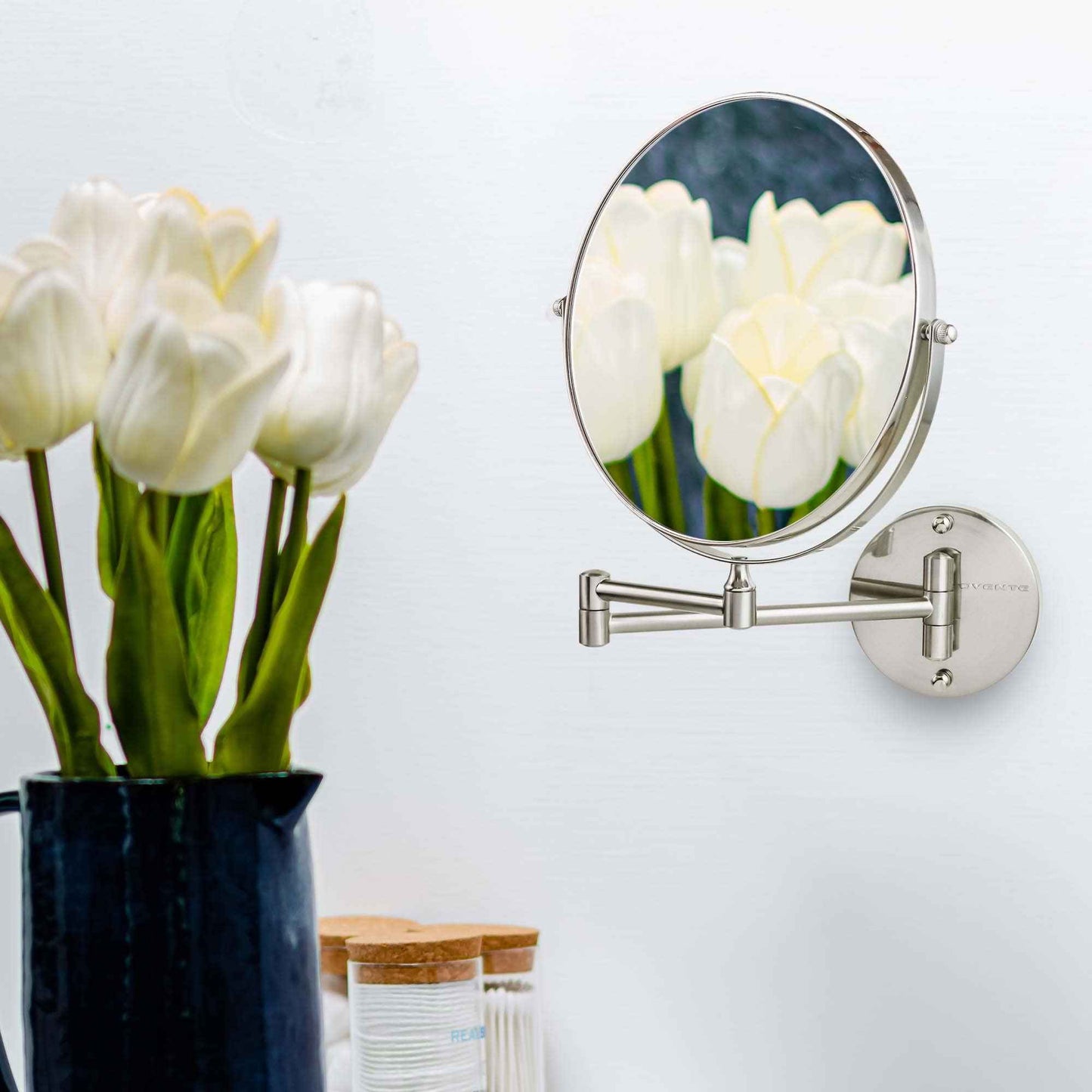 OVENTE 9" Wall Mounted Makeup Mirror with 1X/10X Magnification, Double Sided Magnifying Round Bathroom Vanity Mirror, 360° Swivel Design, Extendable and Folding Arm, Nickel Brushed MNLFW90BR1X10X