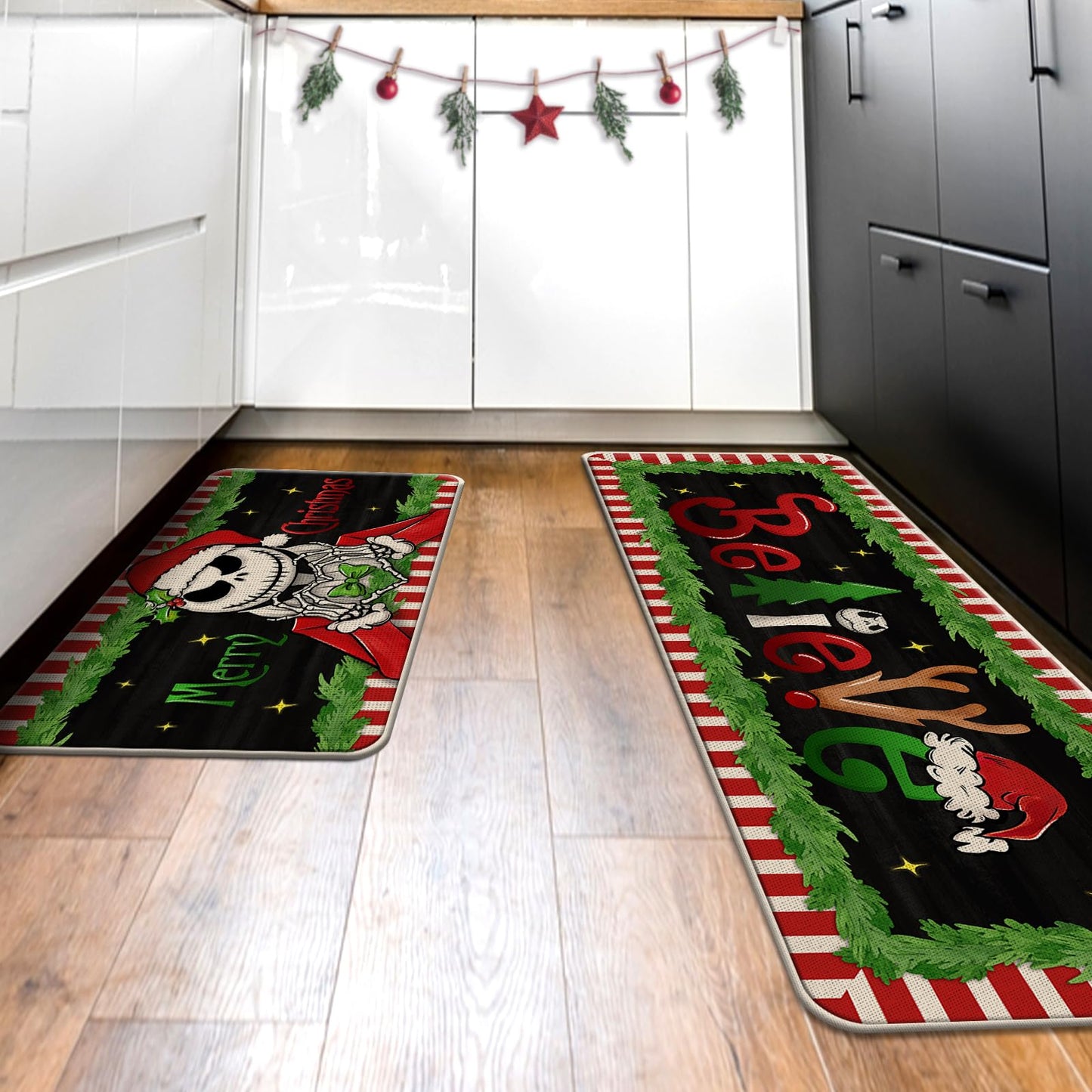 Tailus Merry Christmas Believe Kitchen Rugs Set of 2, Xmas Jack Skellington Kitchen Mats Decor, Funny Holiday Party Floor Door Mat Home Decorations -17x29 and 17x47 Inch