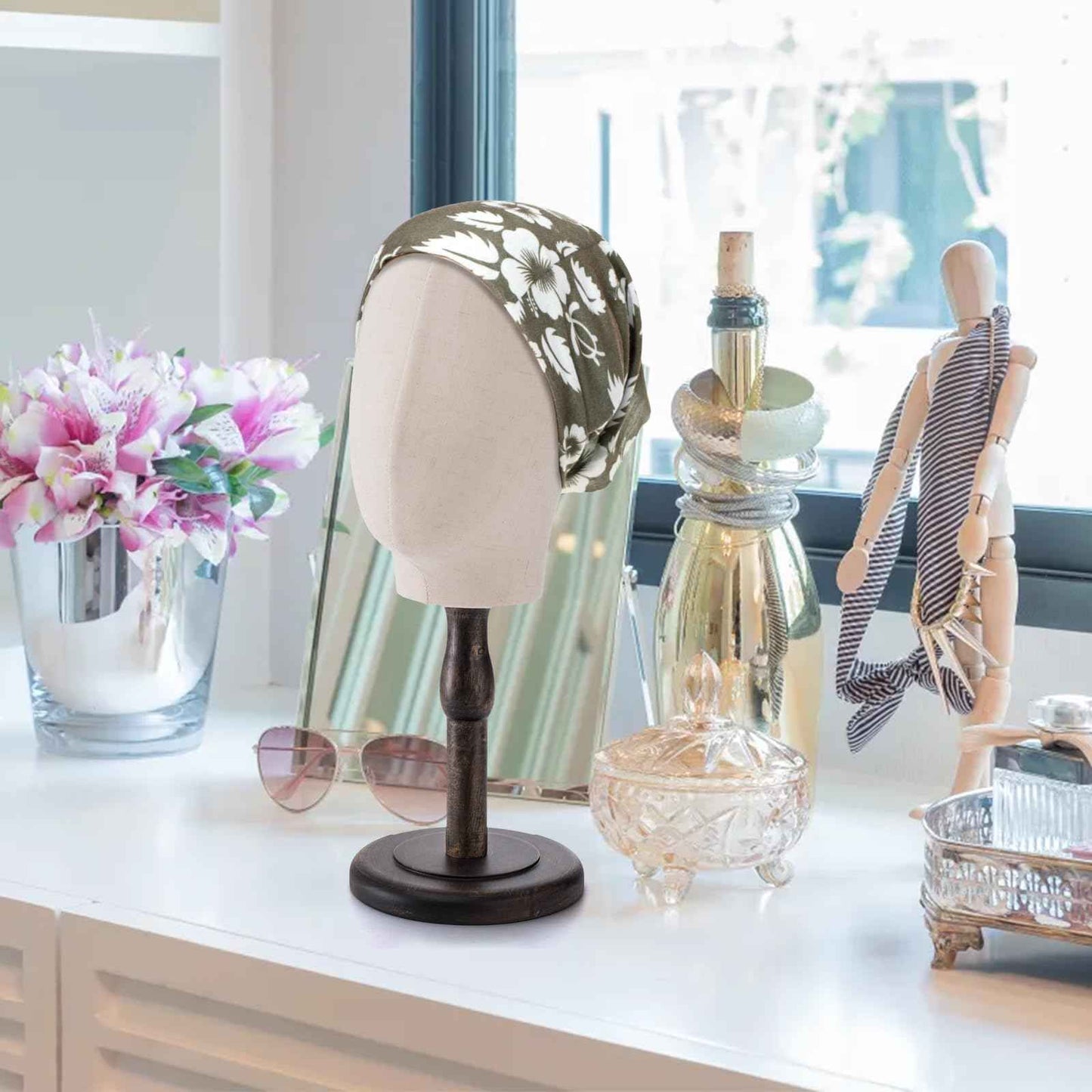 Peohud 21 Inch Mannequin Head, Canvas Wig Stand with Head, Linen Dome Model Head with Detachable Wood Stand for Hats, Caps, Headdress, Wig Making, Headband Display