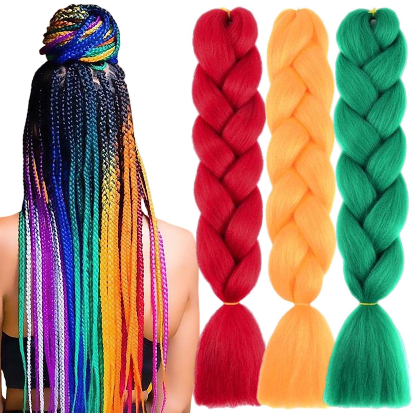 TENGSHUO FLY Rainbow Red/Orange/Green Braiding Hair Extensions 6 Packs/24 Inch Synthetic Jumbo Ombre Box Braiding Hair for Women(24" 3Pack,Red/Orange/Green)