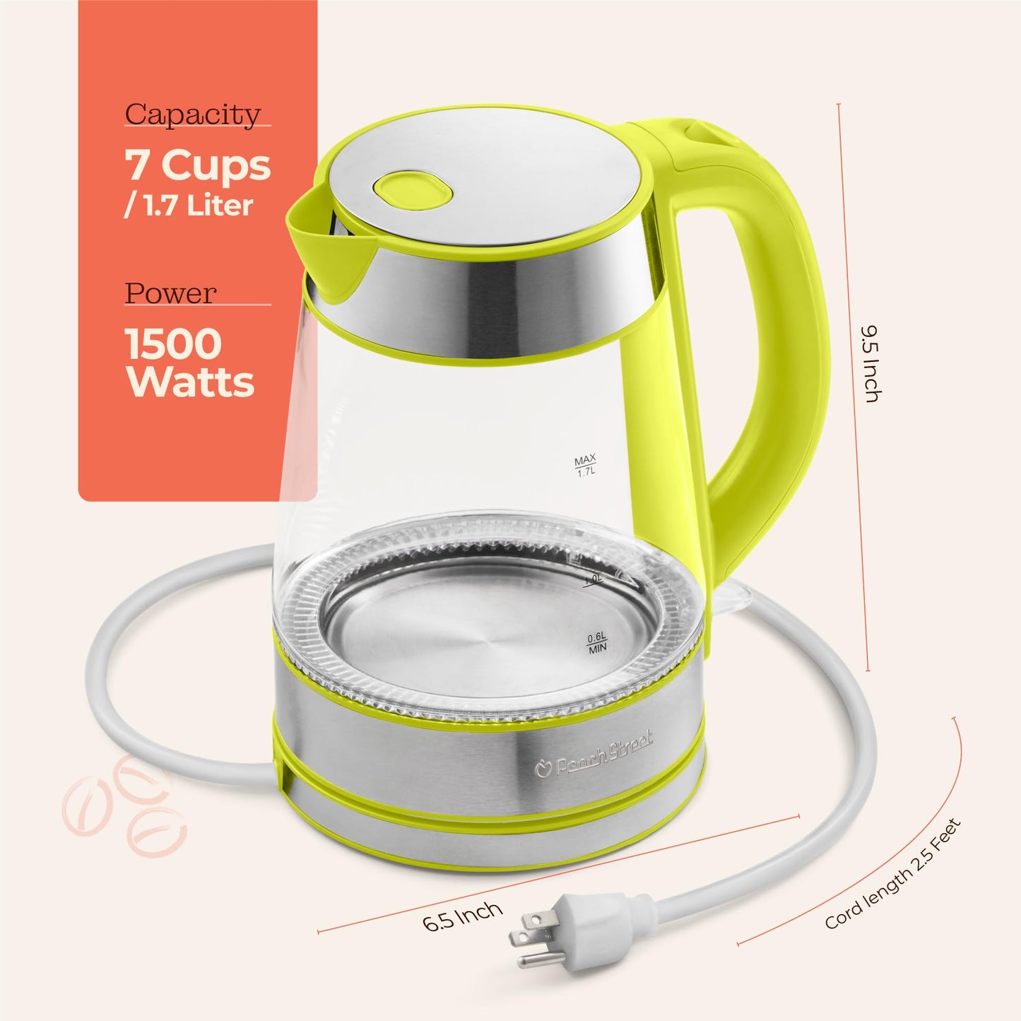 Speed-Boil Water Electric Kettle, 1.7L 1500W, Coffee & Tea Kettle Borosilicate Glass, Water Boiler, Auto Shut-Off, Cool Touch Handle, Base Detachable, LED. 360° Rotation, Boil Dry Protection