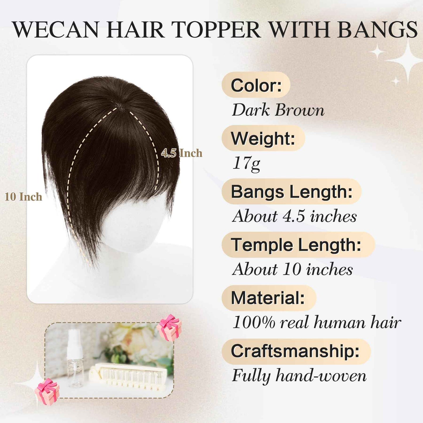 Hair Toppers for Women Real Human Hair 3D Bangs Clip 100% Human Toppers for Women 10 Inch Clip in Bangs Hairpieces (Dark Brown)
