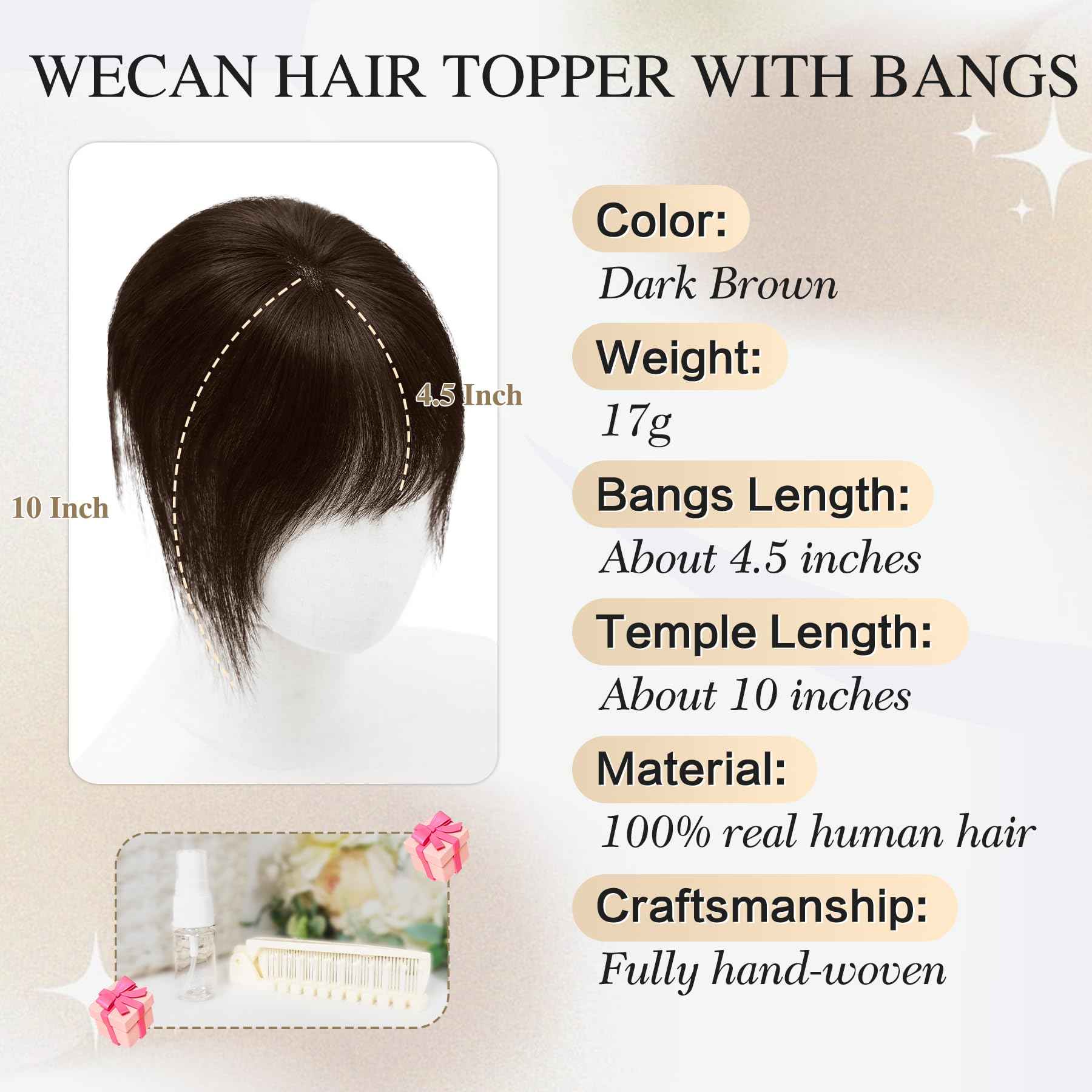 Hair Toppers for Women Real Human Hair 3D Bangs Clip 100% Human Toppers for Women 10 Inch Clip in Bangs Hairpieces (Dark Brown)