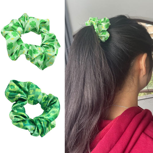 St.Patrick's Day Elastics Hair Ties Four Leaf Clover Silk Scrunchies Irish Hat Shamrock Hair Accessories for Women Girls Green Hair Band Ponytail Holder Bracelet Ropes Party Favor 2PCS