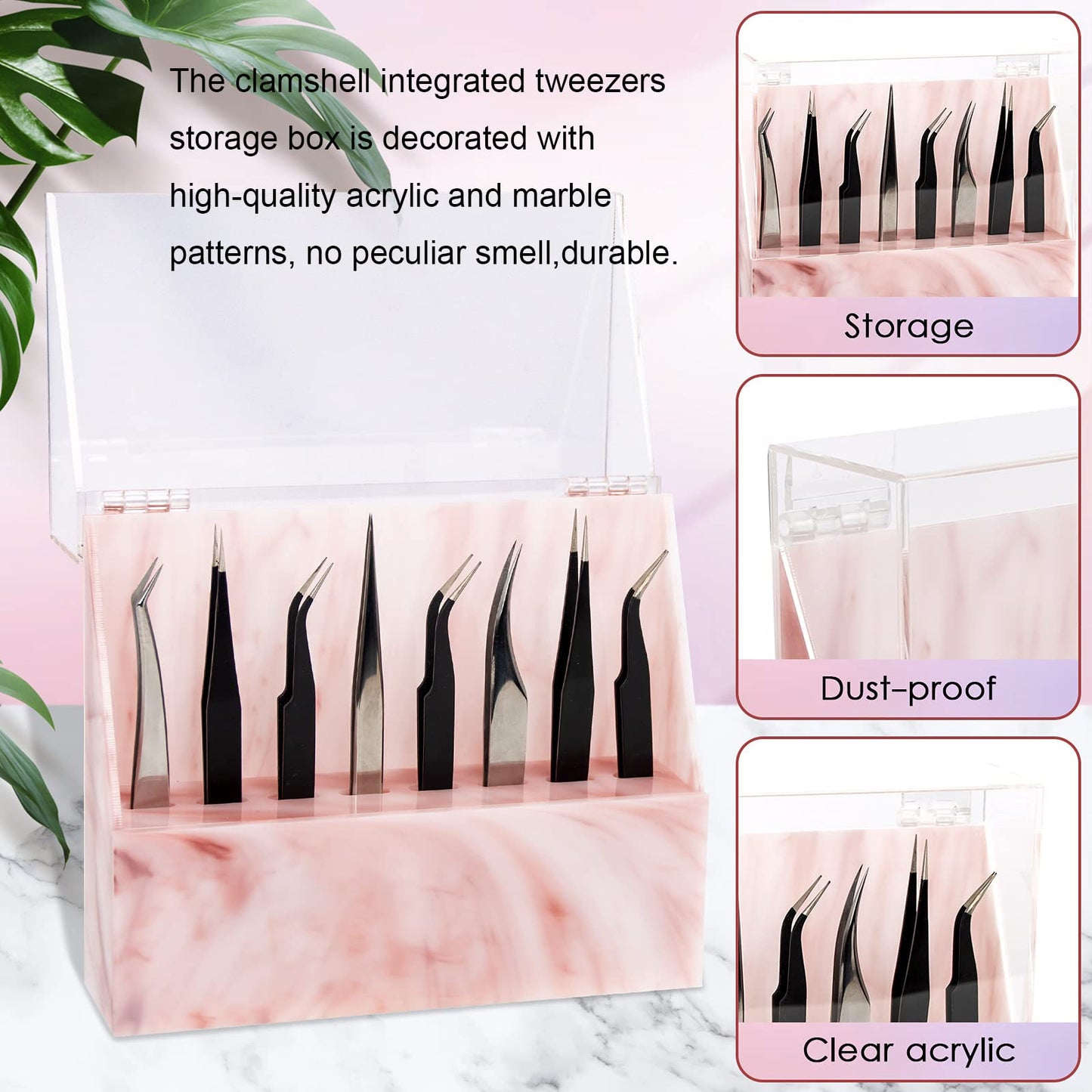 LXIANGN 8 Holes Dust-proof Eyelash Tweezers Holder Case Acrylic Marble Tweezer Stand Display Organizer with Cover for Lash Extensions (pink)