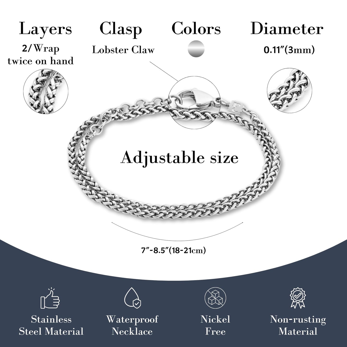 Galis Mens Bracelet - Stainless Steel Bracelet for Men, Non Tarnish Silver Plated Rope Chain Bracelet, Stylish Birthday Bracelets For Boys & Men, Silver Layered Bracelet For Men 7" length Bracelet Set