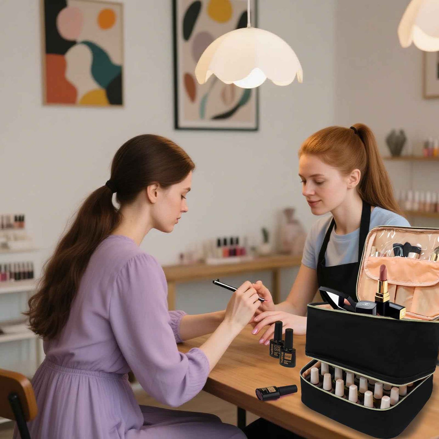 LIVEBAY Nail Polish Organizer Bag, Double-Layer Nail Supplies Organizer Holds 30 Bottles & Nail Lamp, Professional Nail Kit Storage Carrying Case (Black)