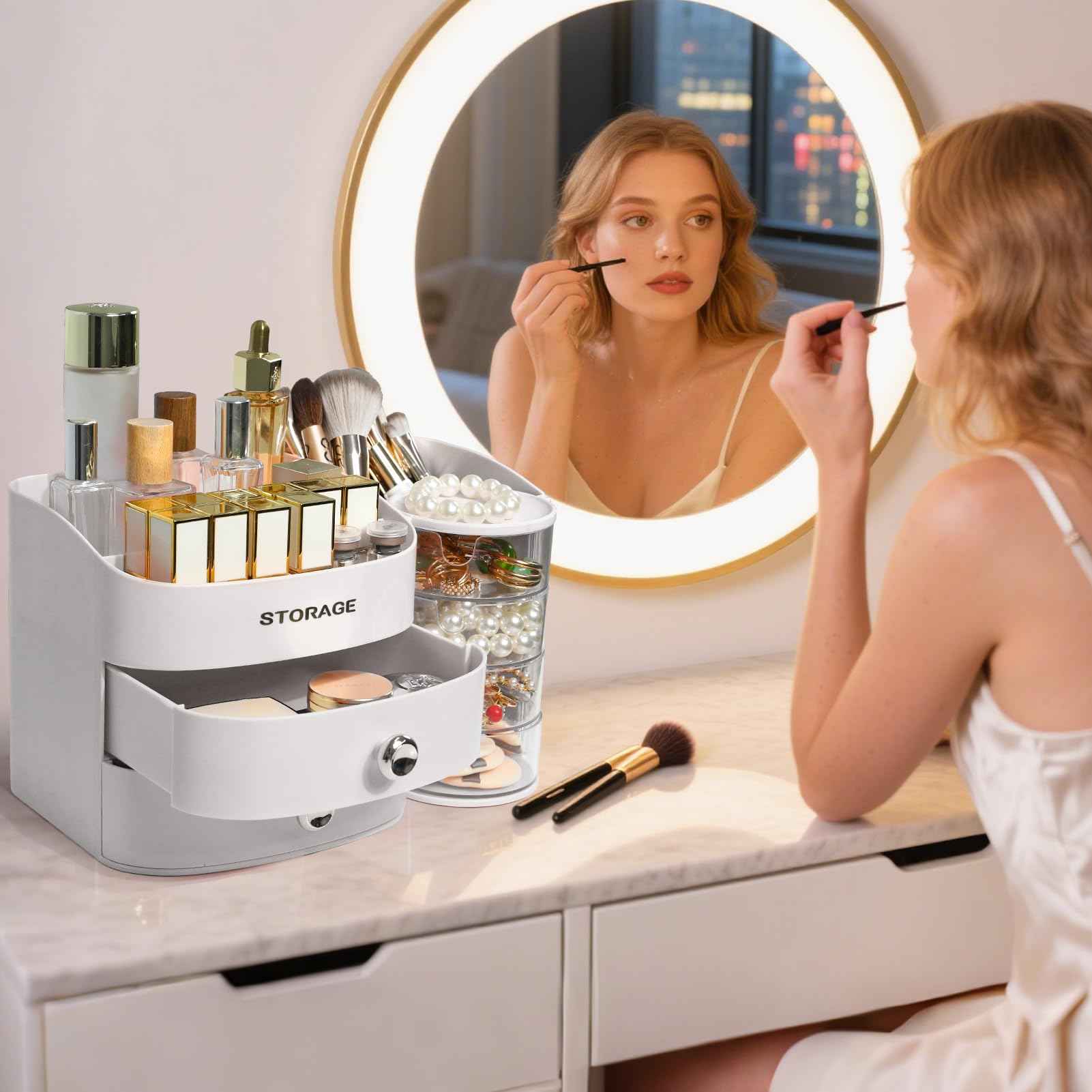 Makeup Organizer Countertop with Drawers, Make up Organizers for Vanity, Skincare Jewelry Earring Organizers, Cosmetic Display Cases Makeup Storage for Bedroom & Bathroom, Ideal Gifts for Women(White)