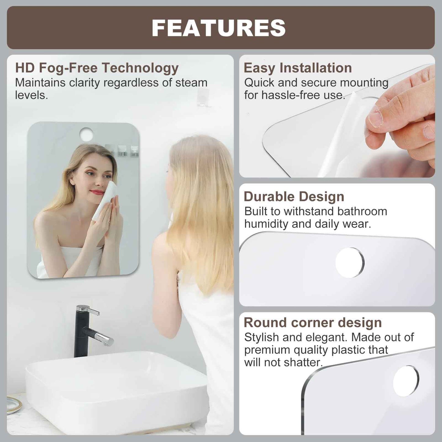 Nyosye Shower Mirror Fogless for Shaving Anti-Fog Frameless Wall Hanging Makeup,11.02" L x 7.87" W,Darkgrey