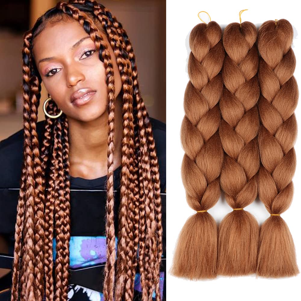 Original Jumbo Braids Hair Extension can shrink in hot water professional at box braids 3pcs Pure Brown Color 24inch 100g/pc For Twist Box Braiding Hair (30#)