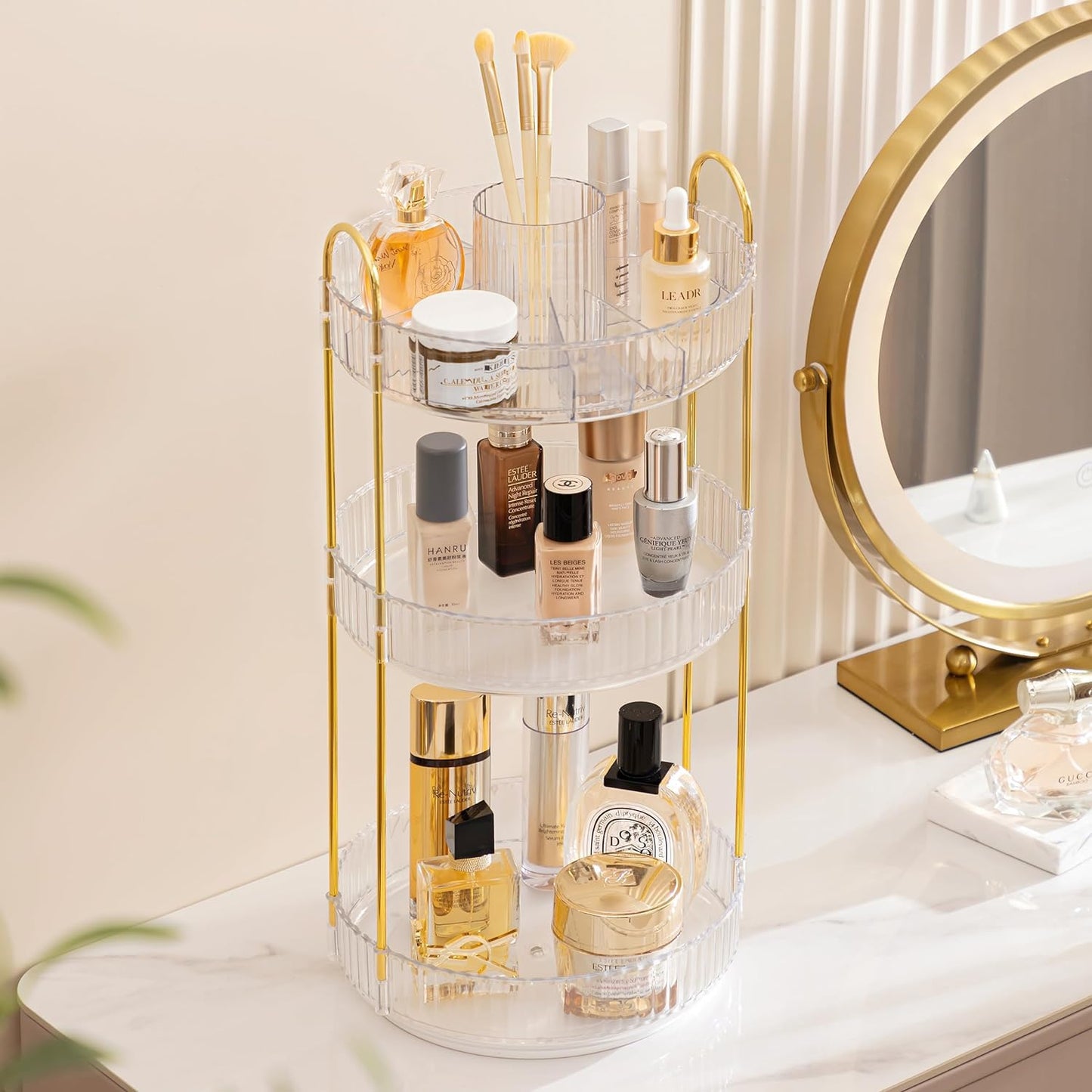 HBlife 360 Rotating Makeup Organizer, 3 Tier Perfume Organizer Skincare Organizer Large Capacity Cosmetic Storage for Bathroom, Vanity, Countertop, Clear