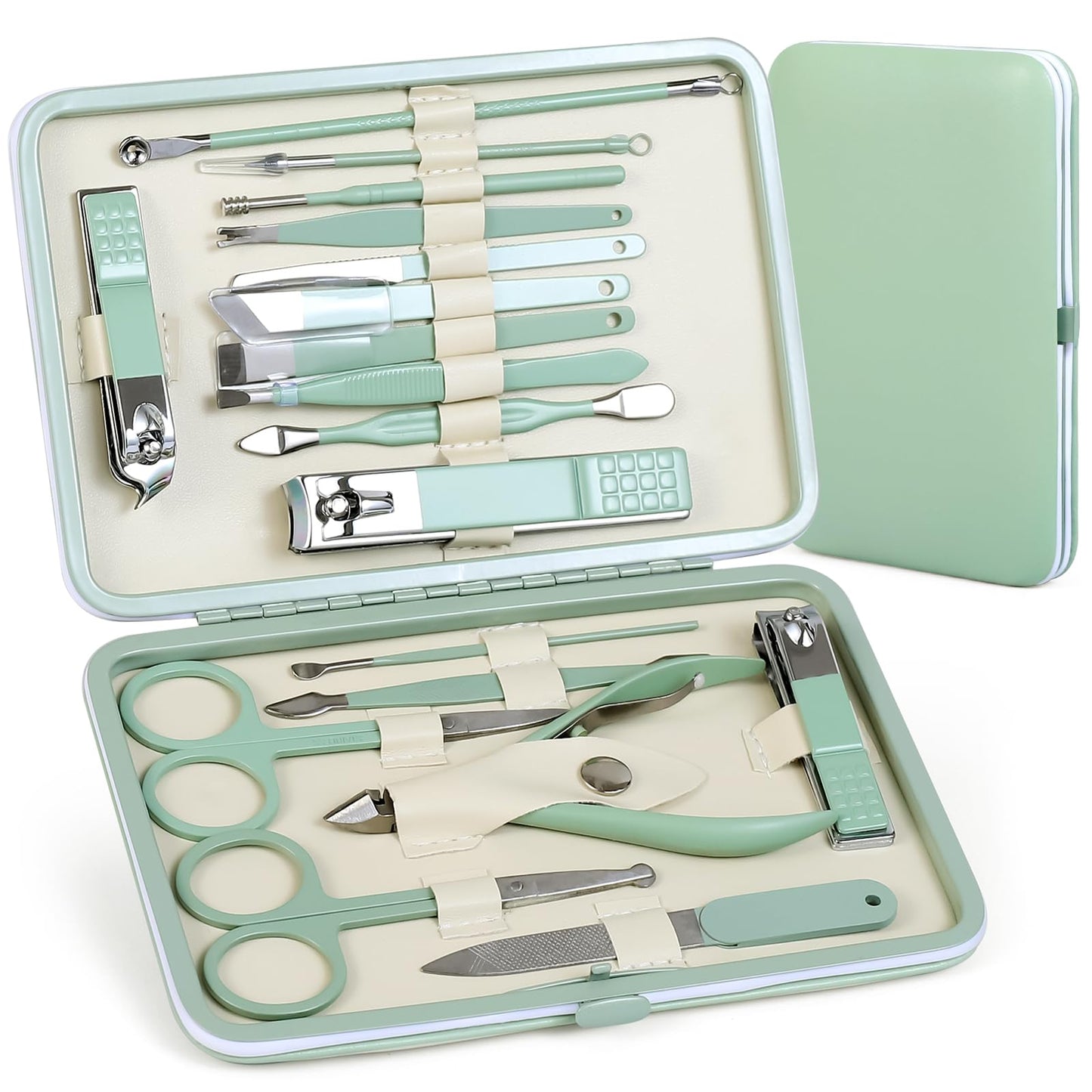 Manicure Set Pedicure Kit Nail Clippers Set Fingernail Clipper Set Ingrown Toenail Nail Kit Scissor Nail Trimmer Kit 18 Pieces Women and Men’s Care Grooming Tools with Fine Case (Tea Green_18 Pieces)