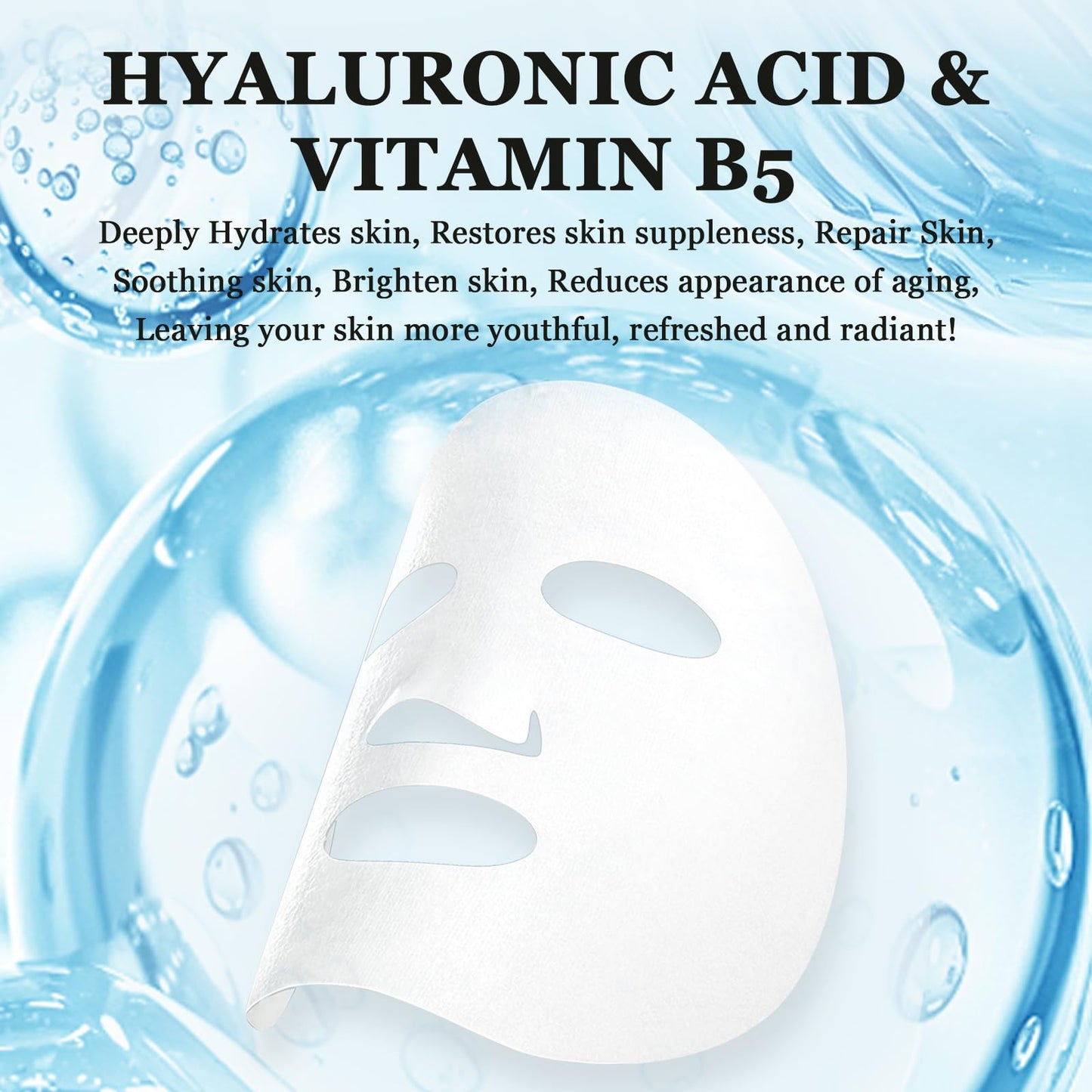 Tamoskiny Hyaluronic Acid Face Mask with Vitamin B5, Deep Hydrating Facial Marks Skin Care for Dry Skin Moisturizing Face Sheet Mask for Women, Soothing Facial Sheet Masks -10 Sheets