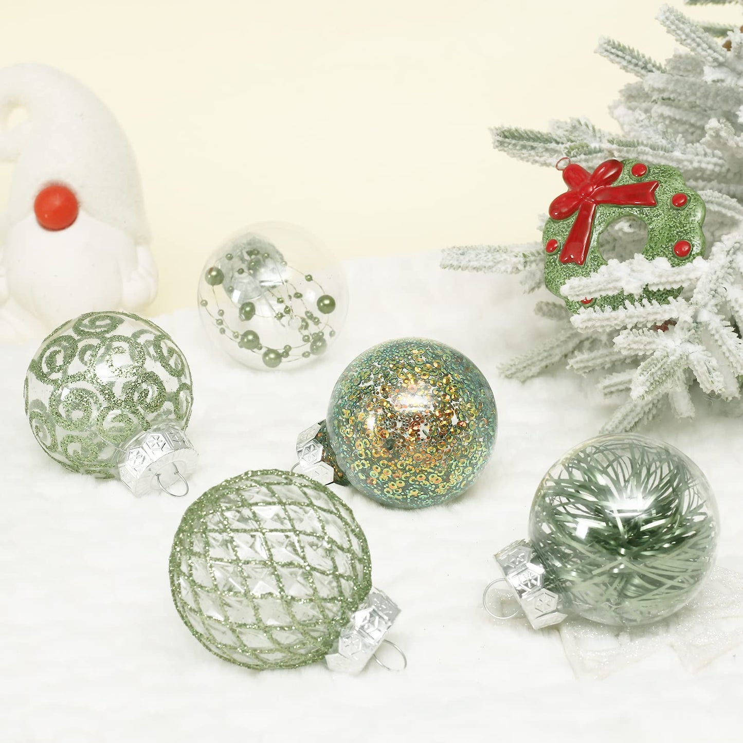 60MM/2.36" Clear Christmas Ornaments Set, 25PCS Shatterproof Decorative Hanging Ball Ornament with Stuffed Delicate Decorations, Xmas Tree Balls for Holiday Party - Green.