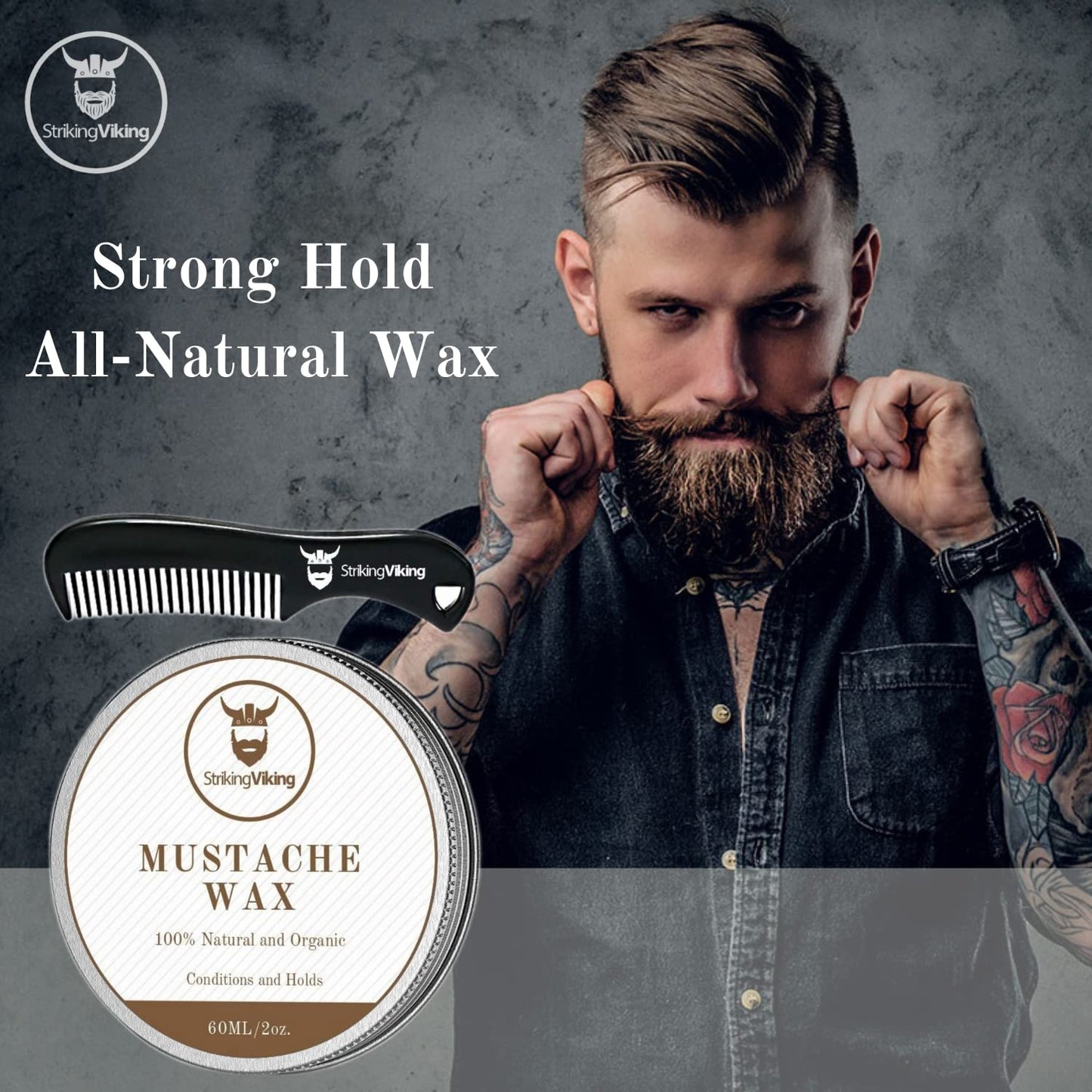 Striking Viking Mustache Wax & Comb Kit - Beard & Moustache Wax For Men With Strong Hold Natural Beeswax - Helps Tame Style & Groom (Sandalwood Scent, 2 Ounce Size) - Mustache Styling Wax