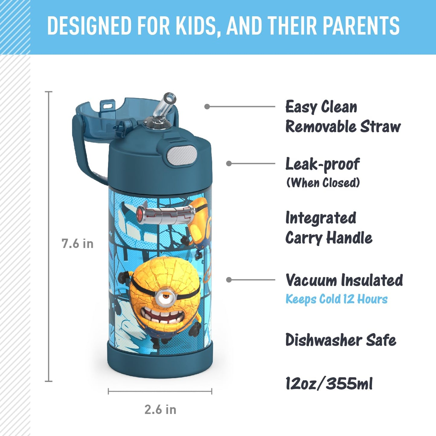 THERMOS FUNTAINER Water Bottle with Straw - 12 Ounce, Despicable Me 4 - Kids Stainless Steel Vacuum Insulated Water Bottle with Lid