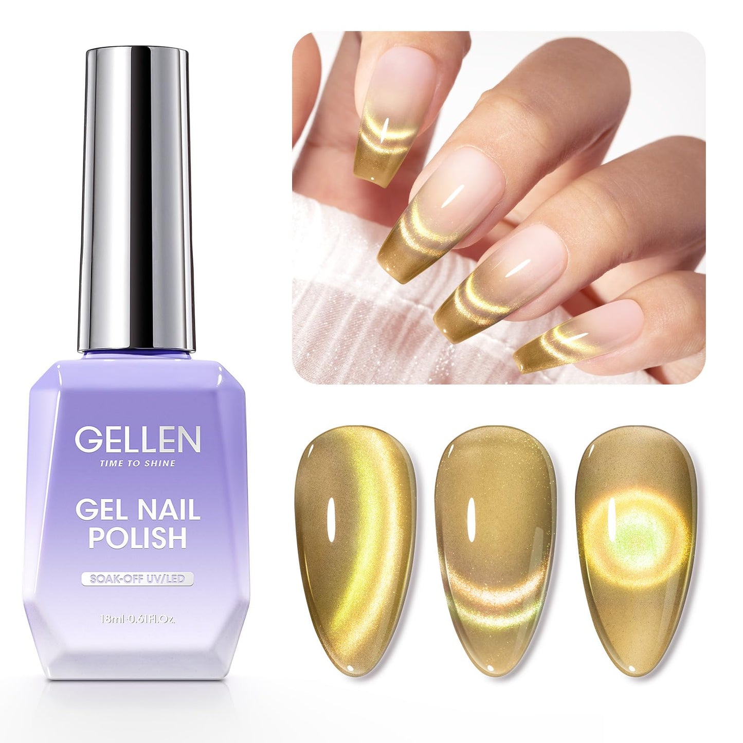 Gellen Cat Eye Gel Nail Polish, 18ml Gold Magnetic Gel Polish Brown Rainbow Glitter Holographic Nail Polish, Summer Gel Polish Soak Off UV Nail Gel DIY Nail Art Gift