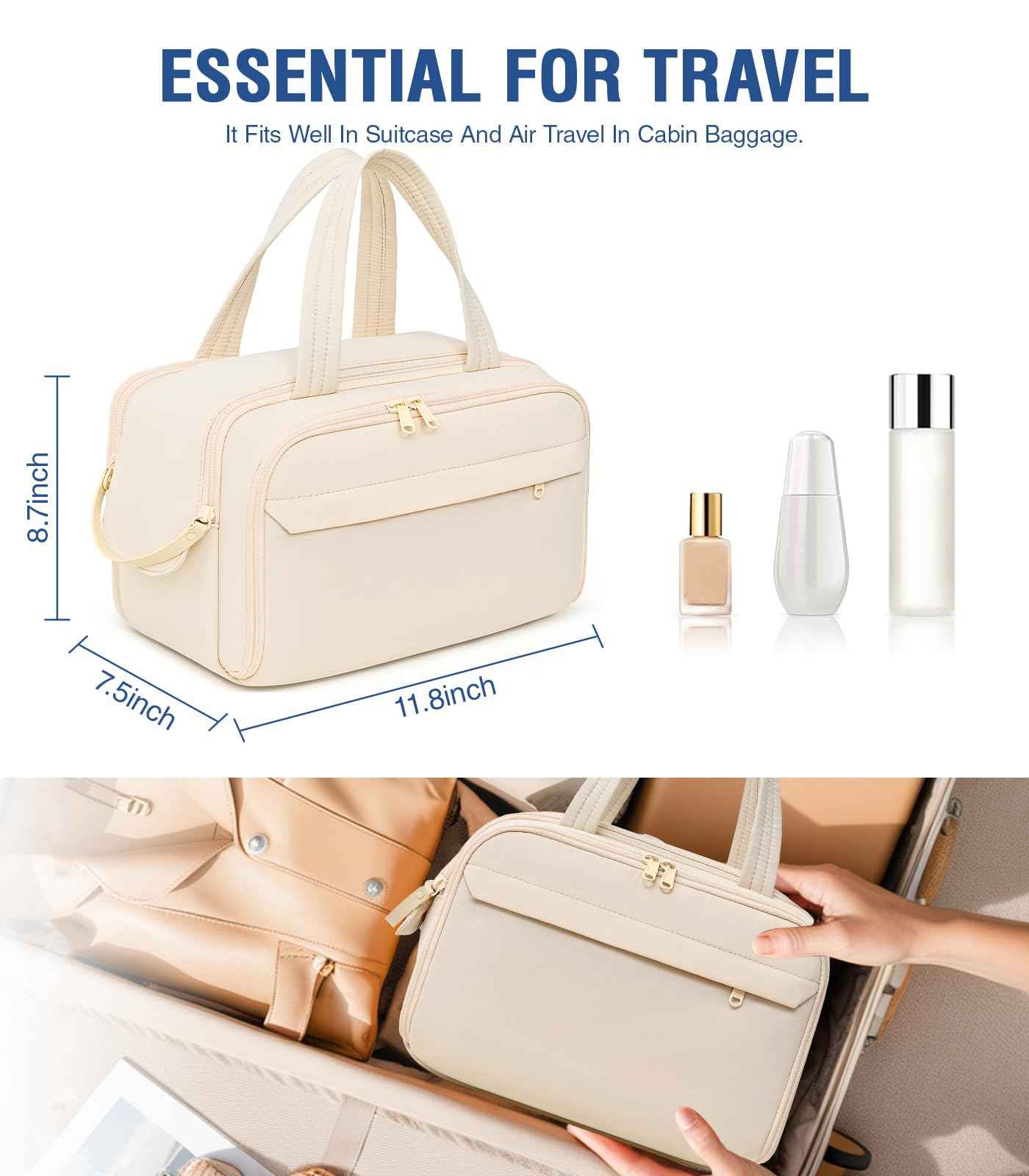 Hairao Travel Toiletry Bag, Lightweight Large Wide-open Toiletry Bag for Women, Puffy Makeup Bag with Handle, Carry-on Wet and Dry Travel Cosmetic Bag For Accessories, Essentials, Toiletries, Beige