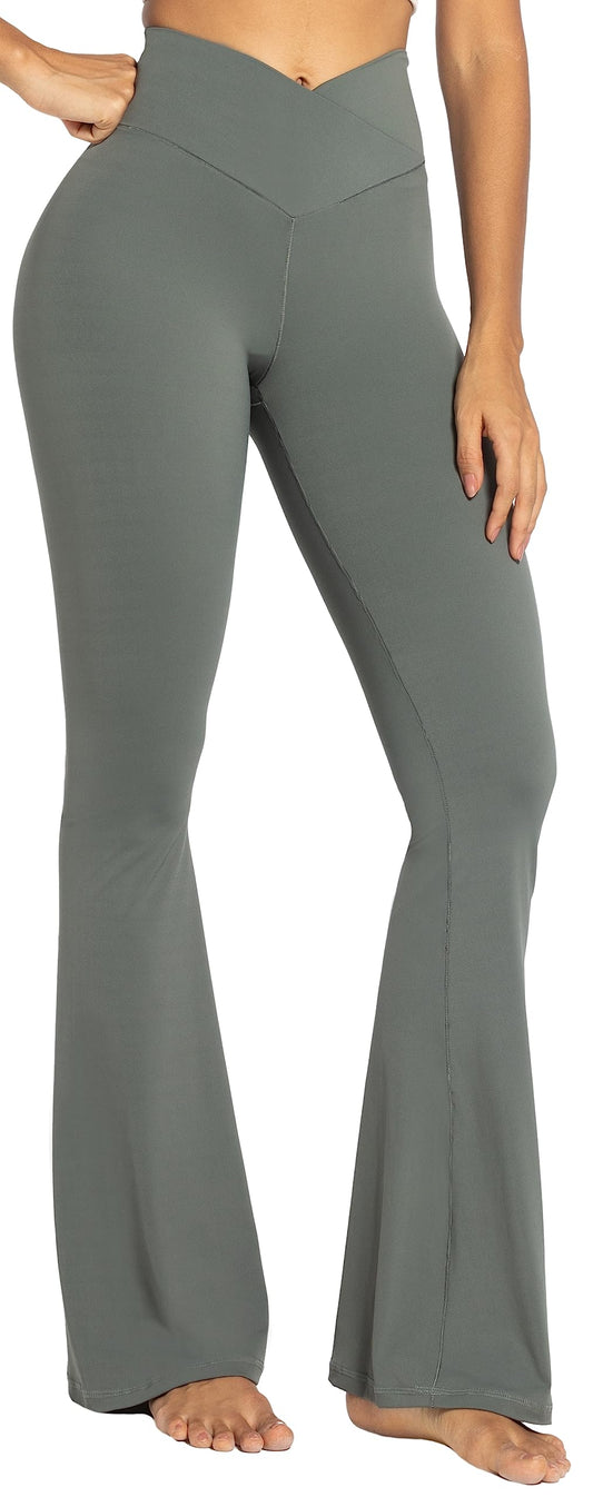 Sunzel Flare Leggings, Crossover Yoga Pants for Women with Tummy Control, High-Waisted and Wide Leg Grey