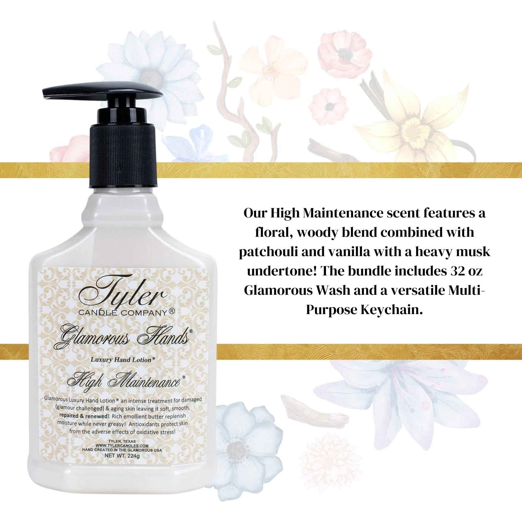 Worldwide Nutrition Bundle: Tyler High Maintenance Hand Lotion - Scented and Small Hand Cream For Dry Hands - 8 Oz Travel Size Luxury Hand Moisturizer and Multi-Purpose Key Chain