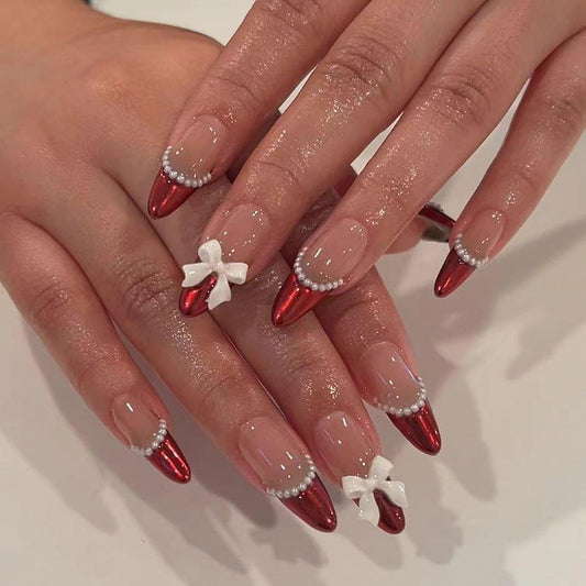 MISUD Press on Nails Medium Almond Fake Nails Glossy Glue on Nails Red French Tip Acrylic Nails Stiletto Artificial Nails Cute Bow Pearl Stick on False Nails with Design 24 pcs