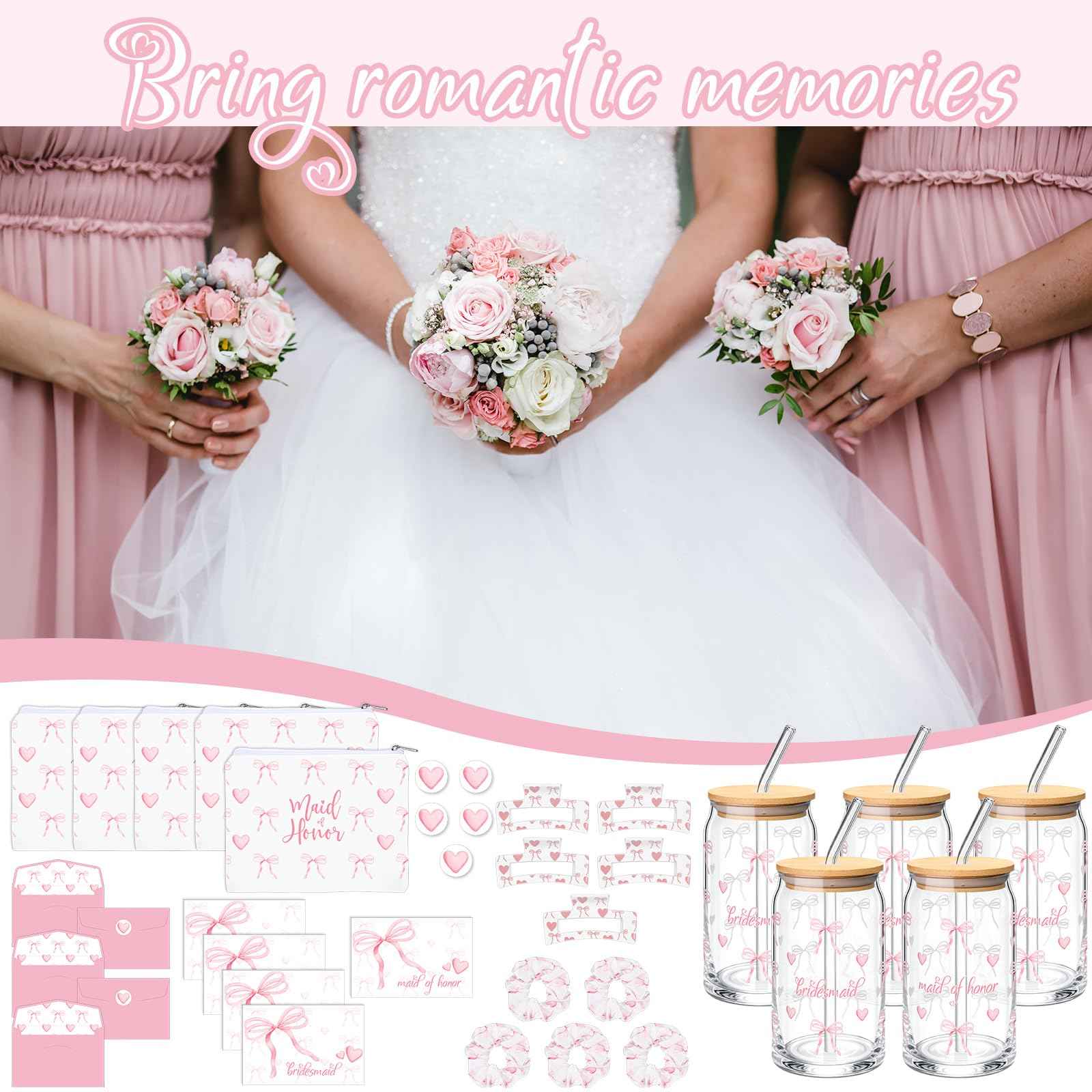 Meanplan 40 Pcs Bridesmaid Proposal Gift Box Set Bridal Shower Favor Wedding Bride Bachelorette Party Return Gift, Glass Cup Cosmetic Bag Scrunchies Hairpin Invited Card Envelope (Maid of Honor)