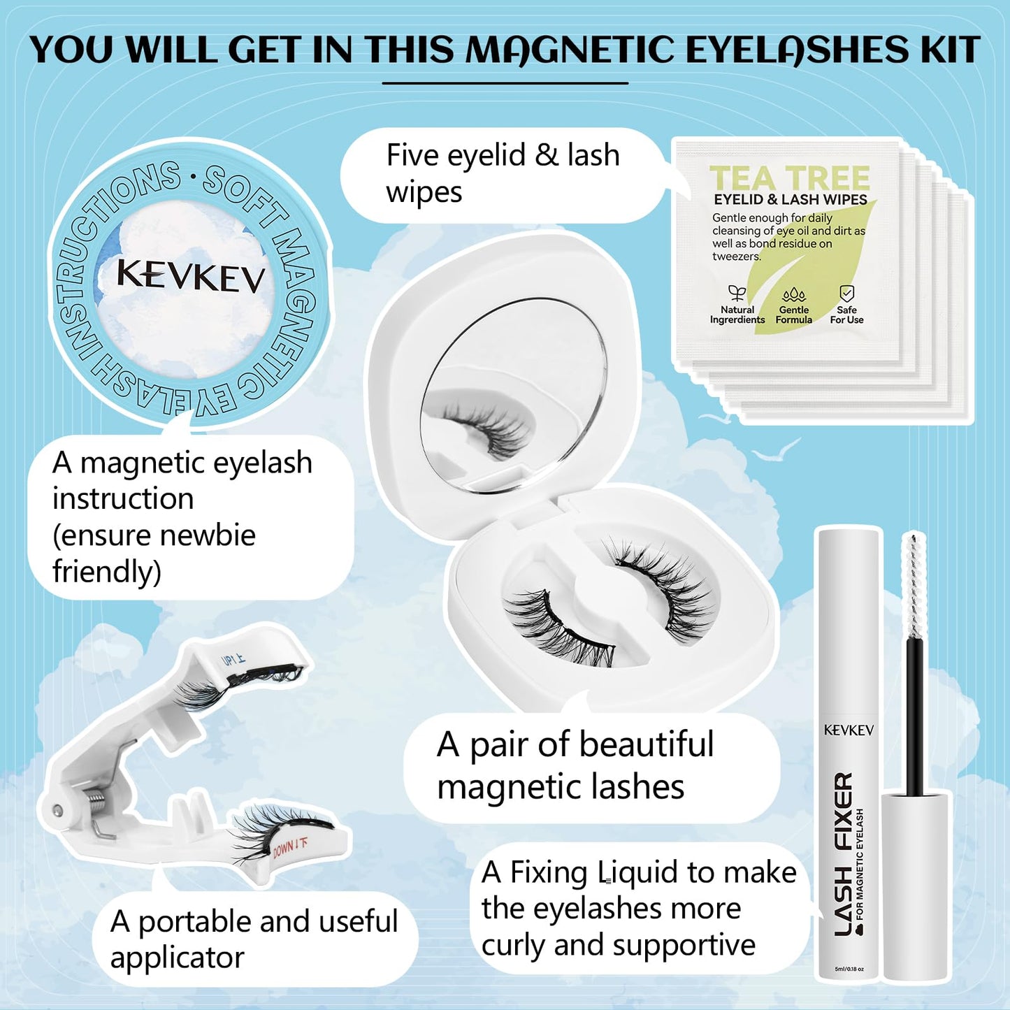 KevKev Magnetic Eyelashes Natural Look Magnetic Lashes Kit Soft Magnets False Eyelashes with Applicator Lash Fixer Reusable No Glue Needed Magnetic Eyelashes Kit Easy to Wear and Remove Readily