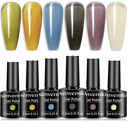 senvenski Jelly Crystal Gel Nail Polish Translucent Sheer Clear White Milky Green Orange Blue Purple Black 6 Colors Gift Soak Off UV LED Manicure Art Varnish Kit Set (BT6-001)