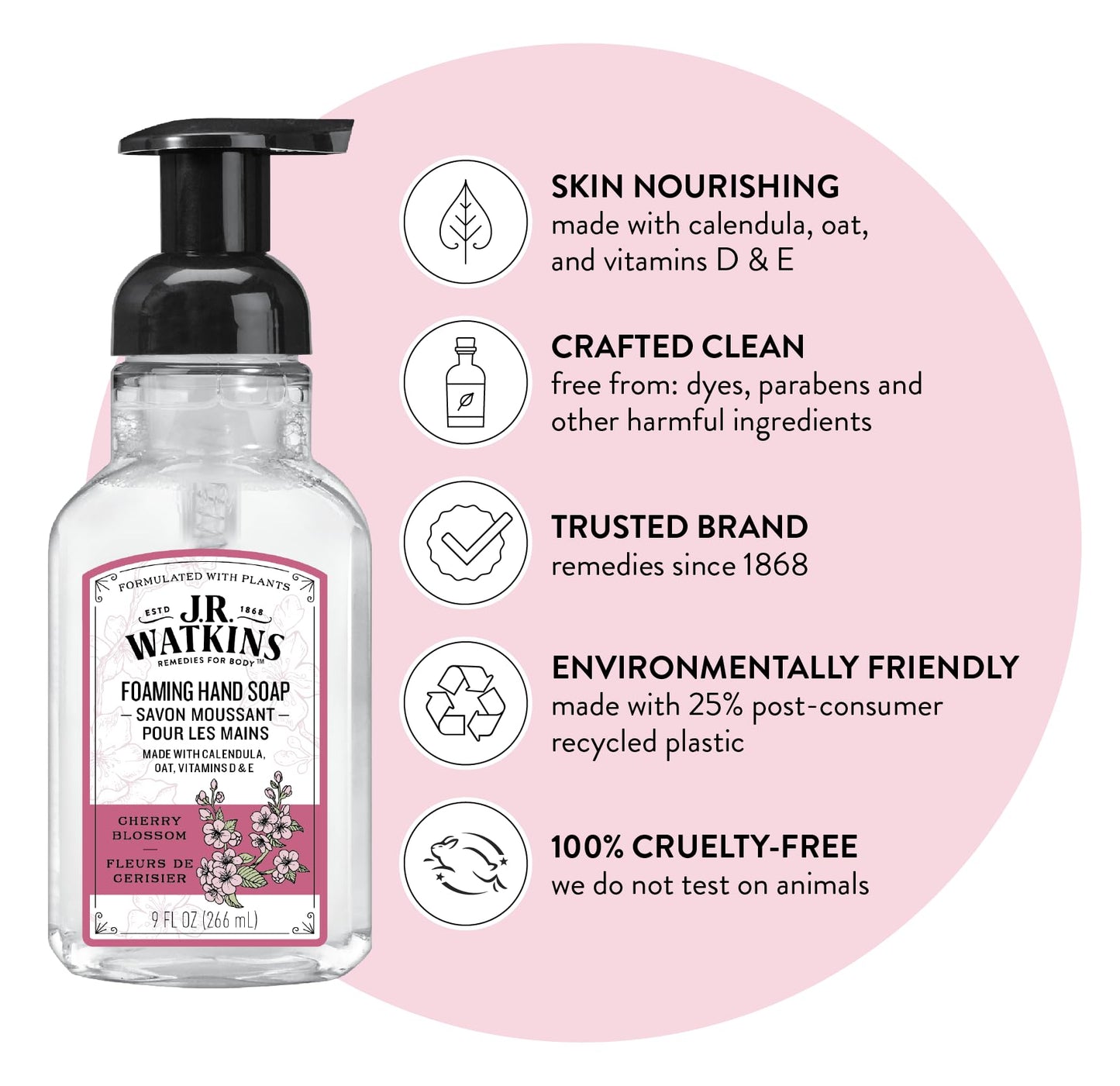 J.R. Watkins Foaming Hand Soap with Pump Dispenser, Moisturizing Foam Hand Wash & Foaming Hand Soap Pump with Dispenser, Moisturizing All Natural Foam, Alcohol-Free, Cruelty-Free