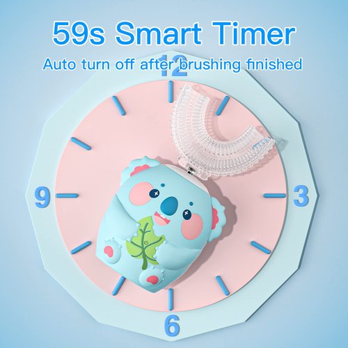 ELOTAME Cartoon Kids U Shaped Electric Toothbrush with 4 Brush Heads,Full Mouth 360-Degree Cleaning Sonic Automatic Toothbrush with IPX7 Waterproof (8-15 Age Blue Koala Without Cup)