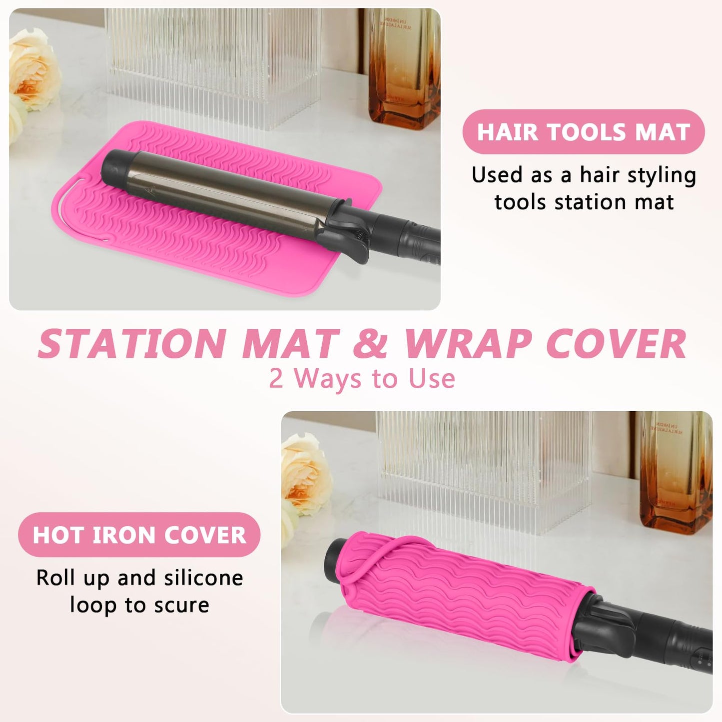 WRORUNER 2 Pcs Hair Iron Heat Resistant Silicone Mat, Portable Hot Tools Station Pad Cover for Curling Iron, Flat Iron, Hair Straightener and Hair Styling Tools(9"" x 6.5""), HotPink