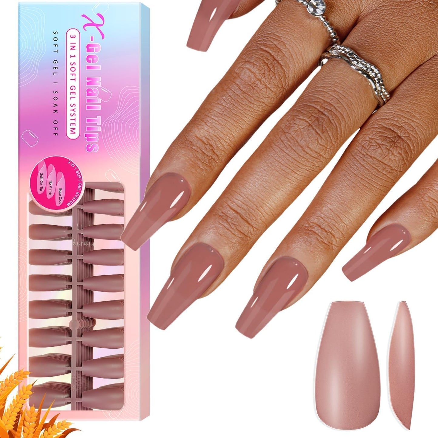 KQueenest Long Medium Coffin Tips, Pre- Colored Gel x Nail Tips, Natural Press on Nails Long, Soft Gel Nails Tips, Ballerina Fake Nails, No Need File Gel Tip Nails Acrylic Nail 300 Pcs, Mauve