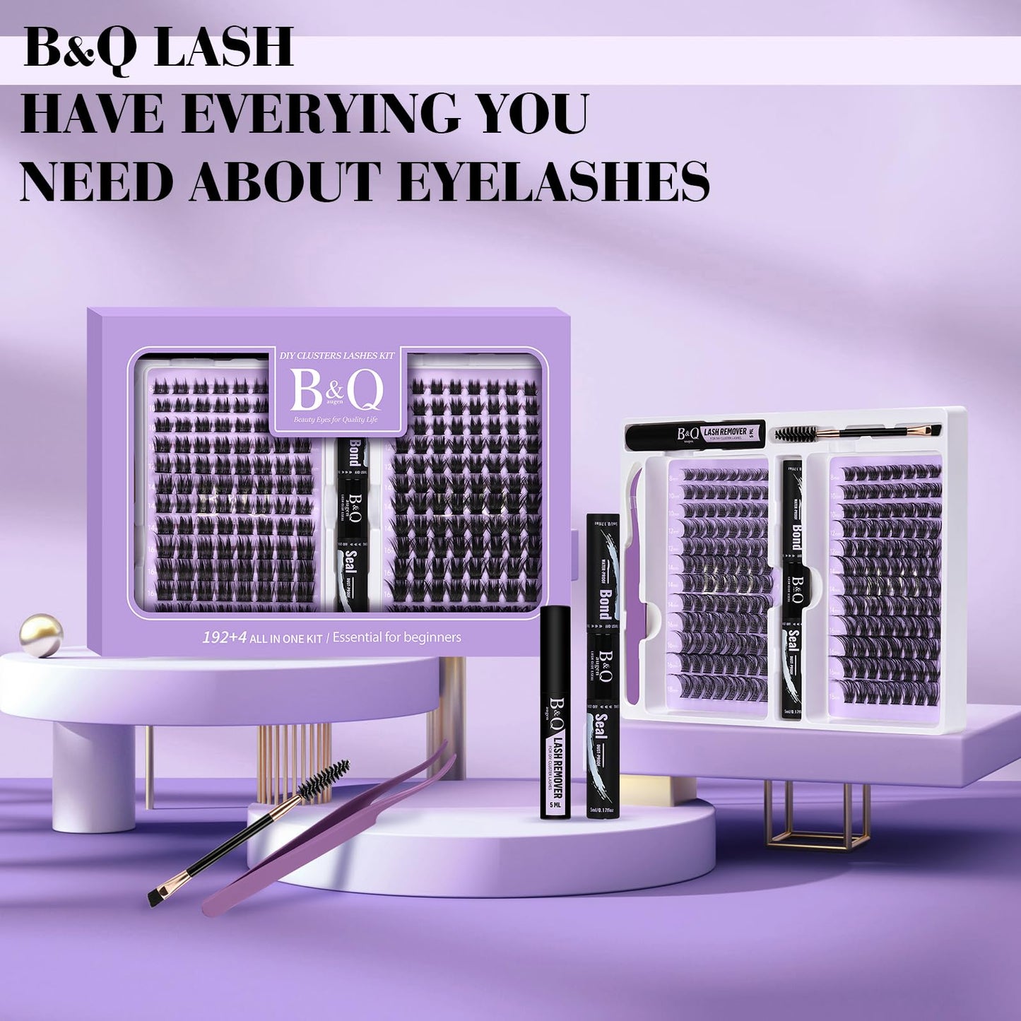 DIY Lash Extension Kit Cluster Lashes 192 PCS Individual Lash Clusters DIY Extension Kit Clusters Volume False Lashes Wispy with Lash Glue and Remover Applications (B52+B53Kit,8-18MIX)