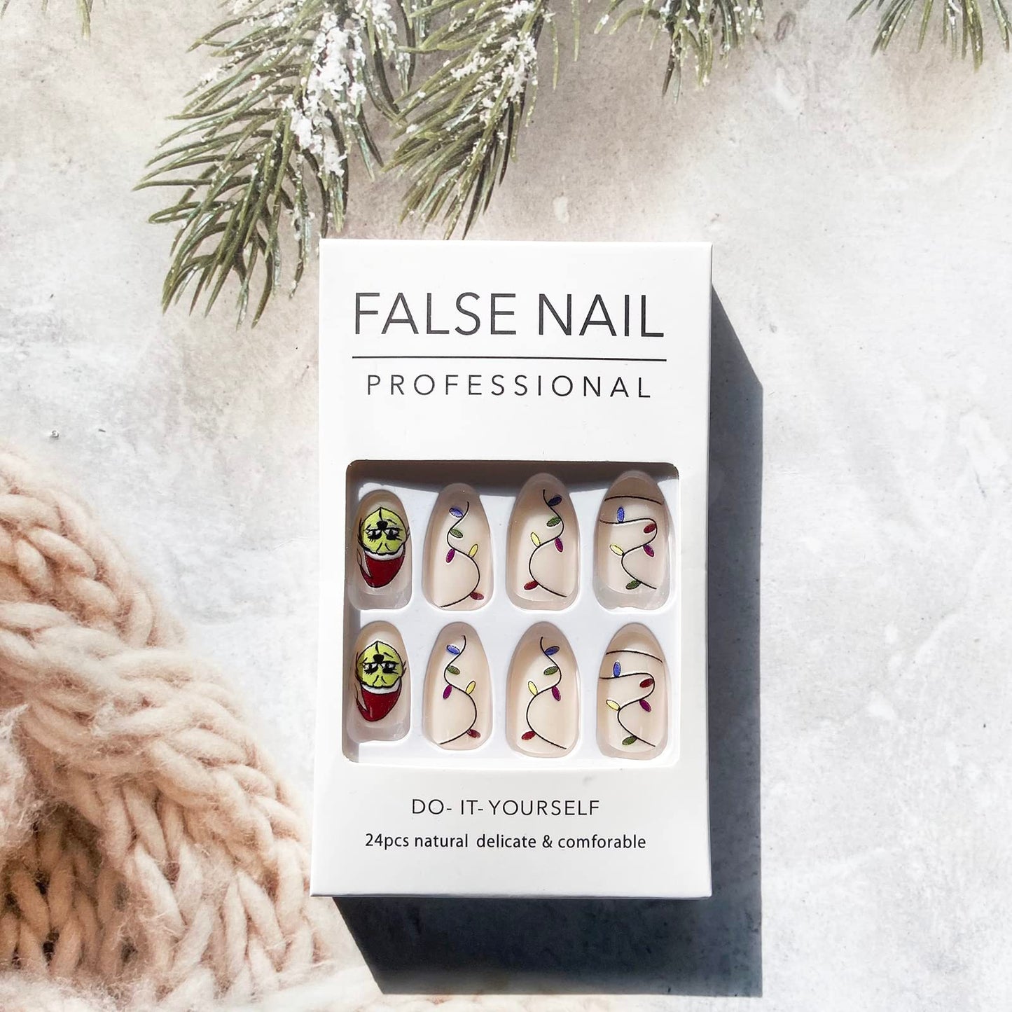 French Tip Press on Nails Christmas Fake Nails with Design Almond Shape False Nails Medium Length Stick on Nails Full Cover Glossy Artificial Nails Christmas Acrylic Nails for Women and Girls 24Pcs