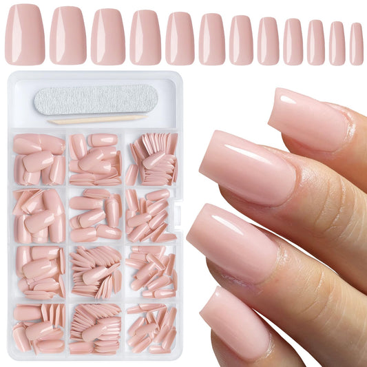 AddFavor 300pcs Coffin Press on Nails Medium Fake Nails Glossy Nude Nails Ballerina Square Nail Press on Acrylic False Nail for Women Girls