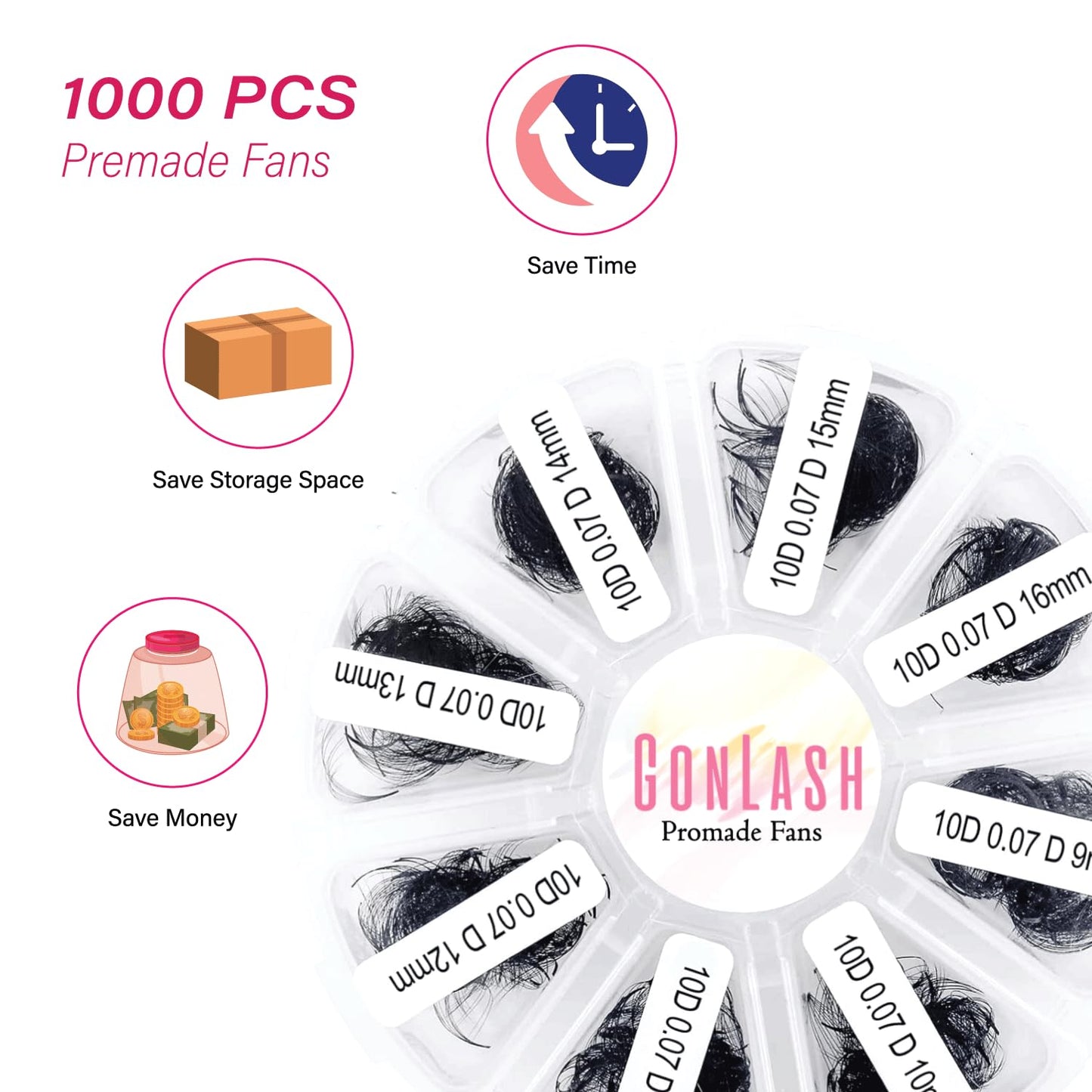 GON Lash 1000 Fans Tray Volume Lash Extensions Mixed length | Premade Fans Eyelash Extensions | Mega Lash Extension | Promades Eyelash Fans | 3D, CC Curl, 9-16mm