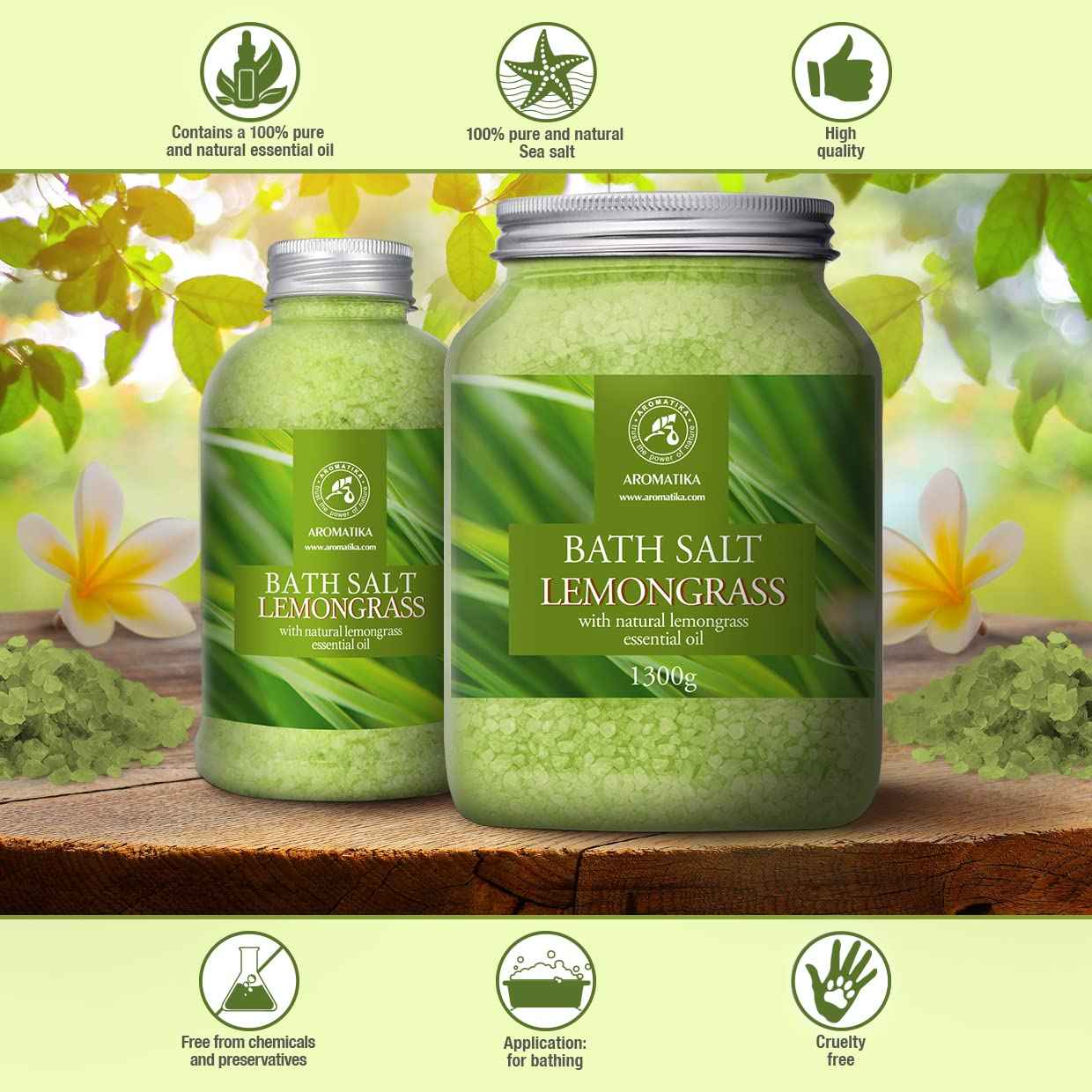 Bath Salts w/Natural Essential Lemongrass Oil 46 Oz (1300g) - Sea Salt Bath for Good Sleep - Bathing - Body Care - Wellness - Beauty - Relaxation - Aromatherapy - Spa - Bath Supplement