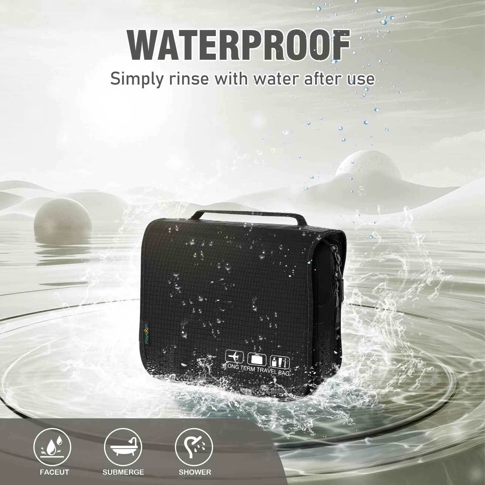 Playexen Hanging Travel Toiletry Bag, Portable Travel Cosmetic Organizer Bag for Women Men, Waterproof Toiletries Wash Bag with 4 Compartments & Hanging Hook (Black)