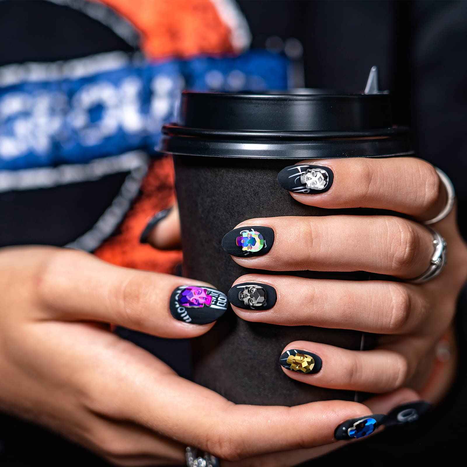 Queekay 70 Pcs Skull Nail Charms Halloween 3D Nail Art Charms Silver Gold Rainbow Alloy Rhinestone Skull for DIY Manicure