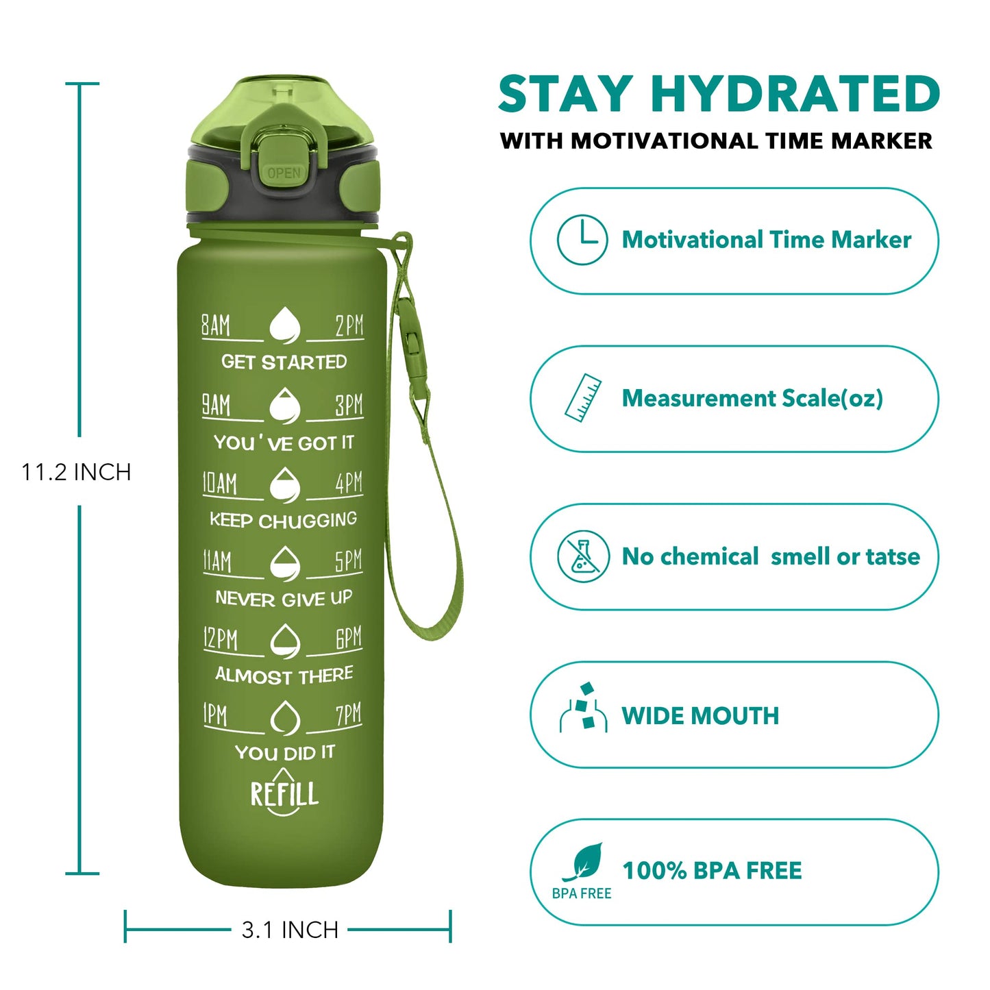 Enerbone 32 oz Drinking Water Bottle with Times to Drink and Straw, Motivational with Carrying Strap, Leakproof BPA & Toxic Free, Ensure You Drink Enough Water for Fitness Gym Outdoor