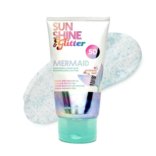 NEW! SUNSHINE & Glitter- Seastar Sparkle - Mermaid Watermelon Lemonade Scented Sunscreen lotion - SPF 50 - Biodegradable Glitter Sunscreen, Water Resistant, Cruelty Free, Kid Safe, Made in USA, 3.4oz