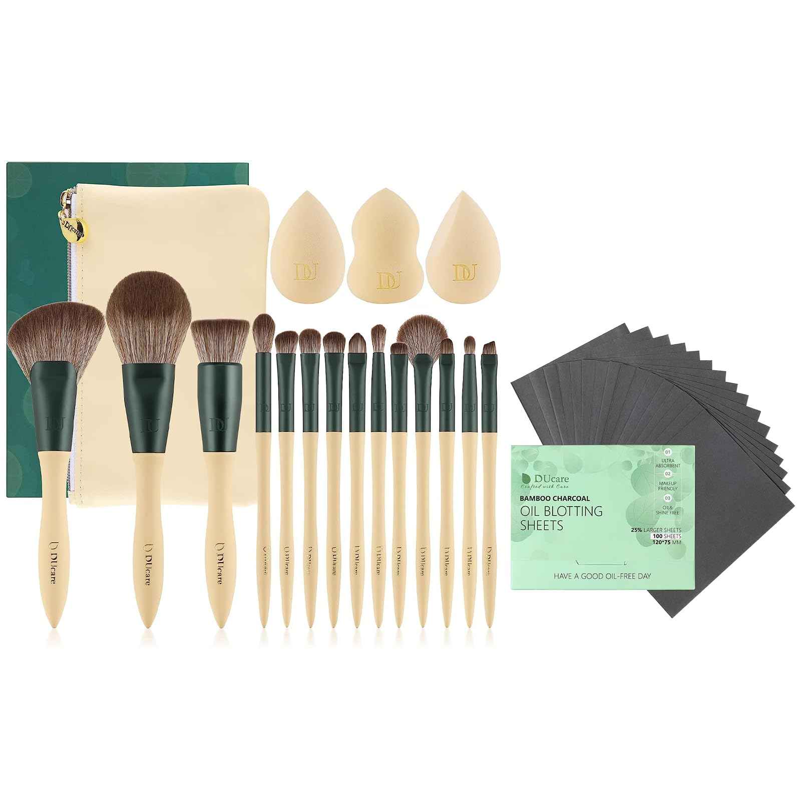 DUcare Makeup Brushes 14Pcs with 3Pcs Makeup Spong & Cosmetic Bag & Oil Blotting Sheets for Face