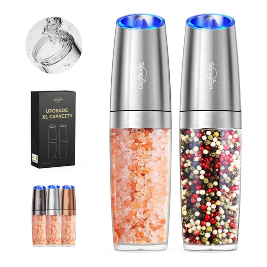 Sangcon Gravity Electric Salt and Pepper Grinder Set Shakers UPGRADED 9OZ XL CAPACITY Battery Powered Refillable Automatic One Hand Operation Adjustable Coarseness Mill Grinder Set for Kitchen