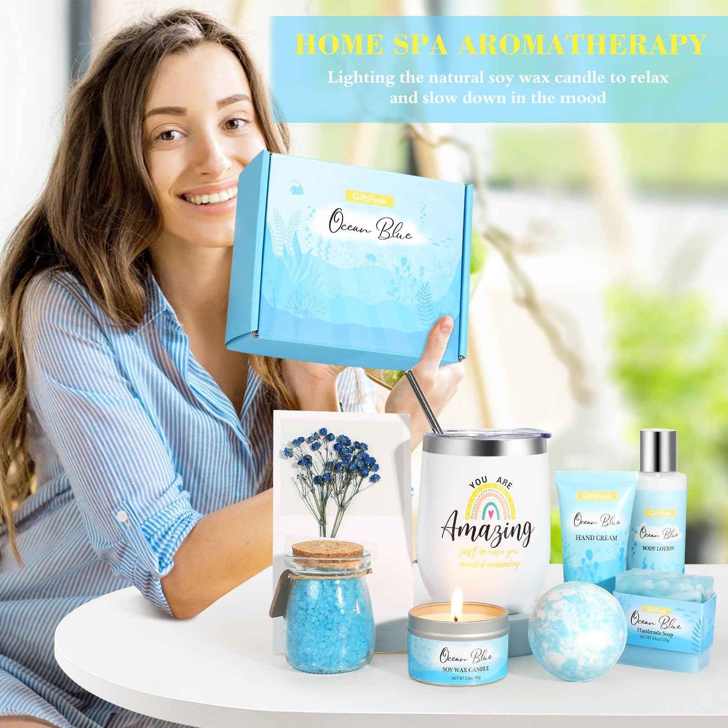 Birthday Gifts for Women, Ocean Scented Relaxing Spa Gift Baskets for Women Mom Her Wife Sister Friends Coworker Employee, Self Care Bath and Body Gift Set for Mother's Day Birthday Inspirational Gift